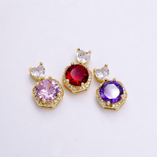 14k gold filled red, purple, pink round cz micro paved hexagonal heart bail pendant | n1472 - n1474