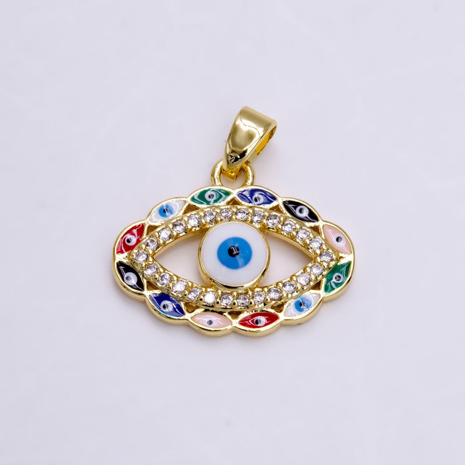 14k gold filled colorful multi evil eye micro paved cz enamel lined open pendant | n1464