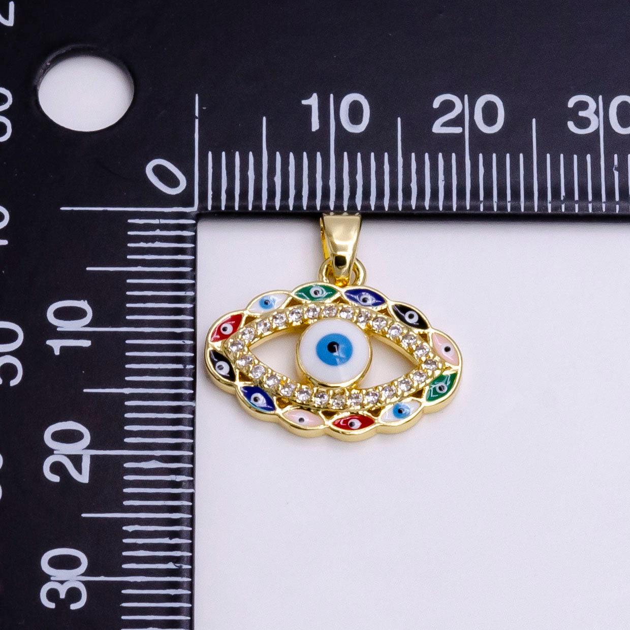 14k gold filled colorful multi evil eye micro paved cz enamel lined open pendant | n1464