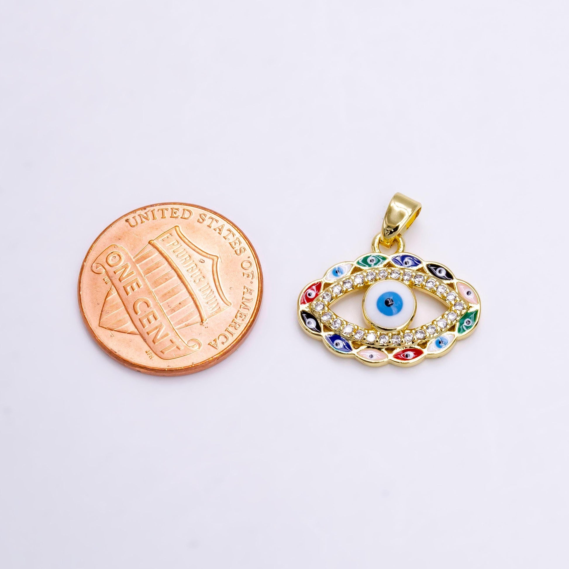 14k gold filled colorful multi evil eye micro paved cz enamel lined open pendant | n1464
