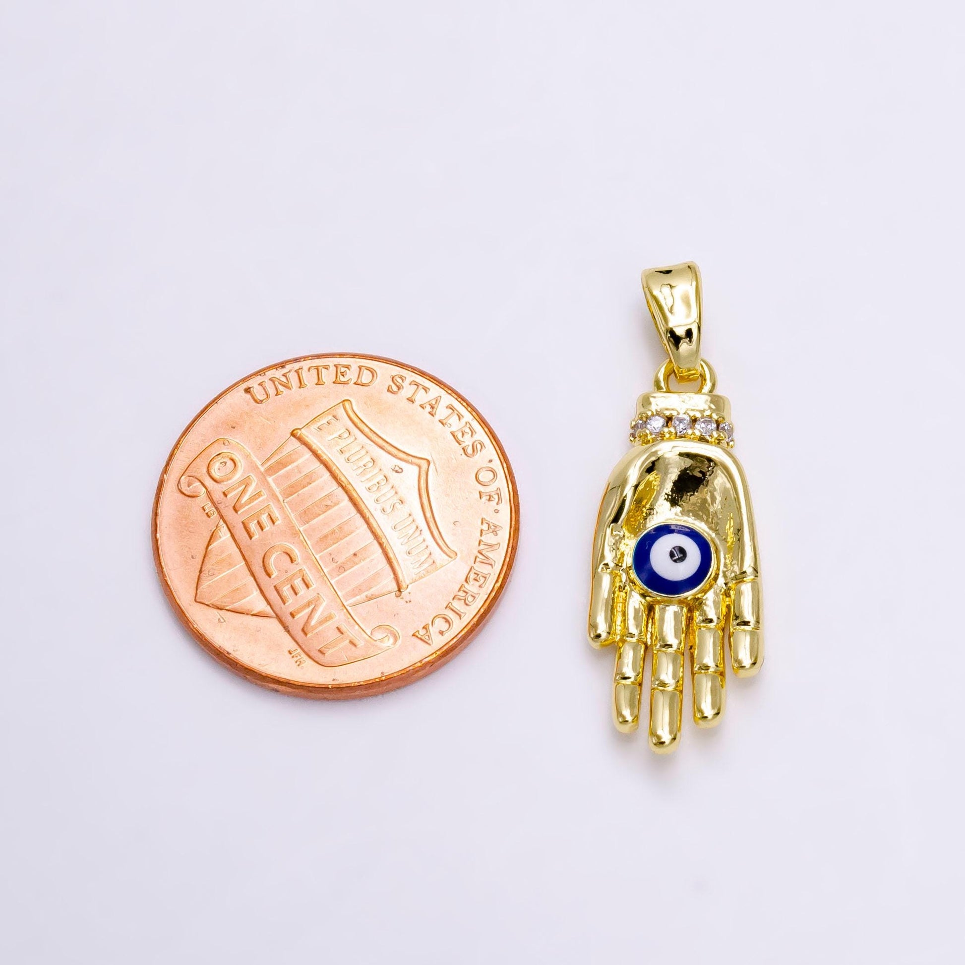 14k gold filled blue evil eye enamel micro paved cz hand human autonomy pendant | n1461
