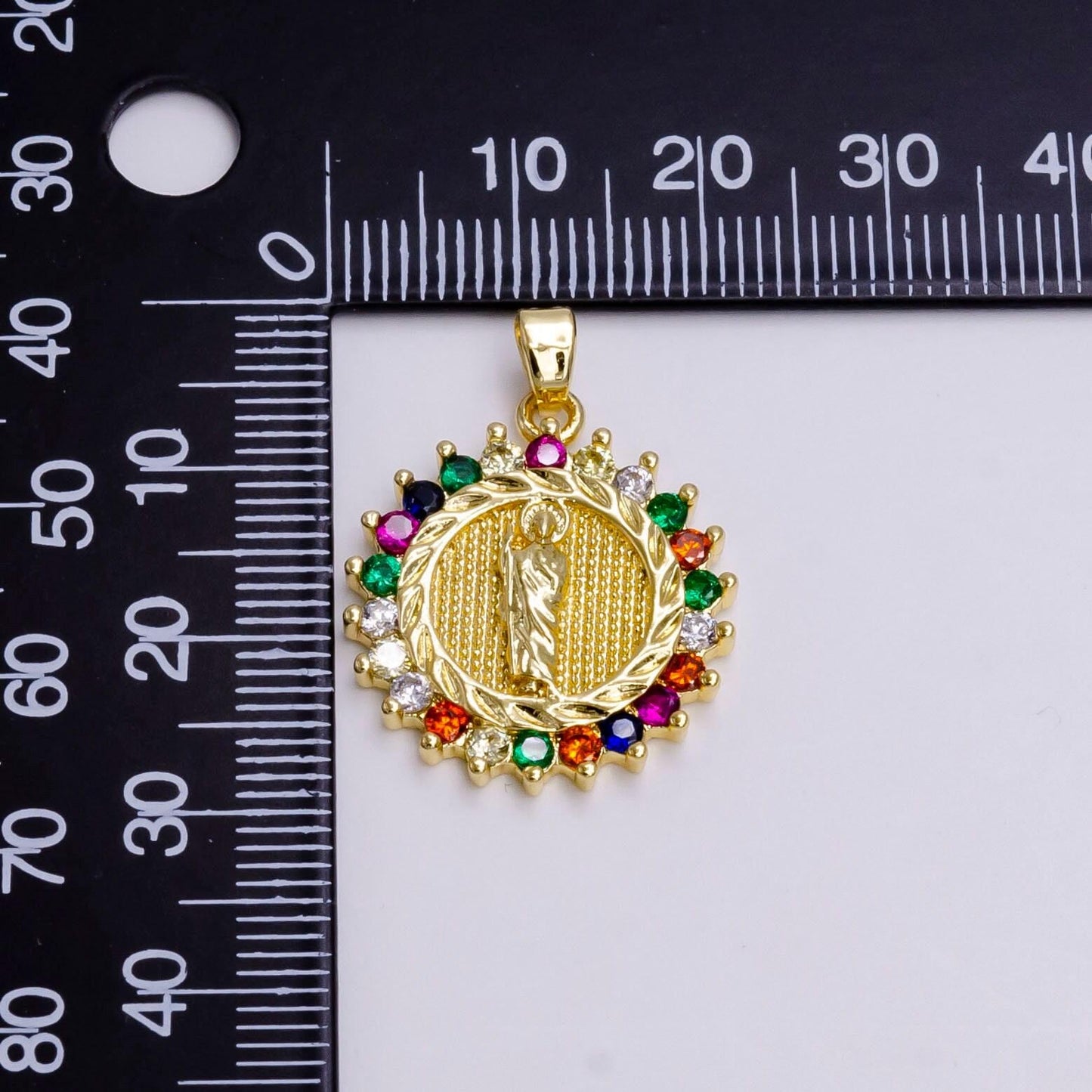 14k gold filled saint jude dotted dented multicolor cz round pendant | n1460