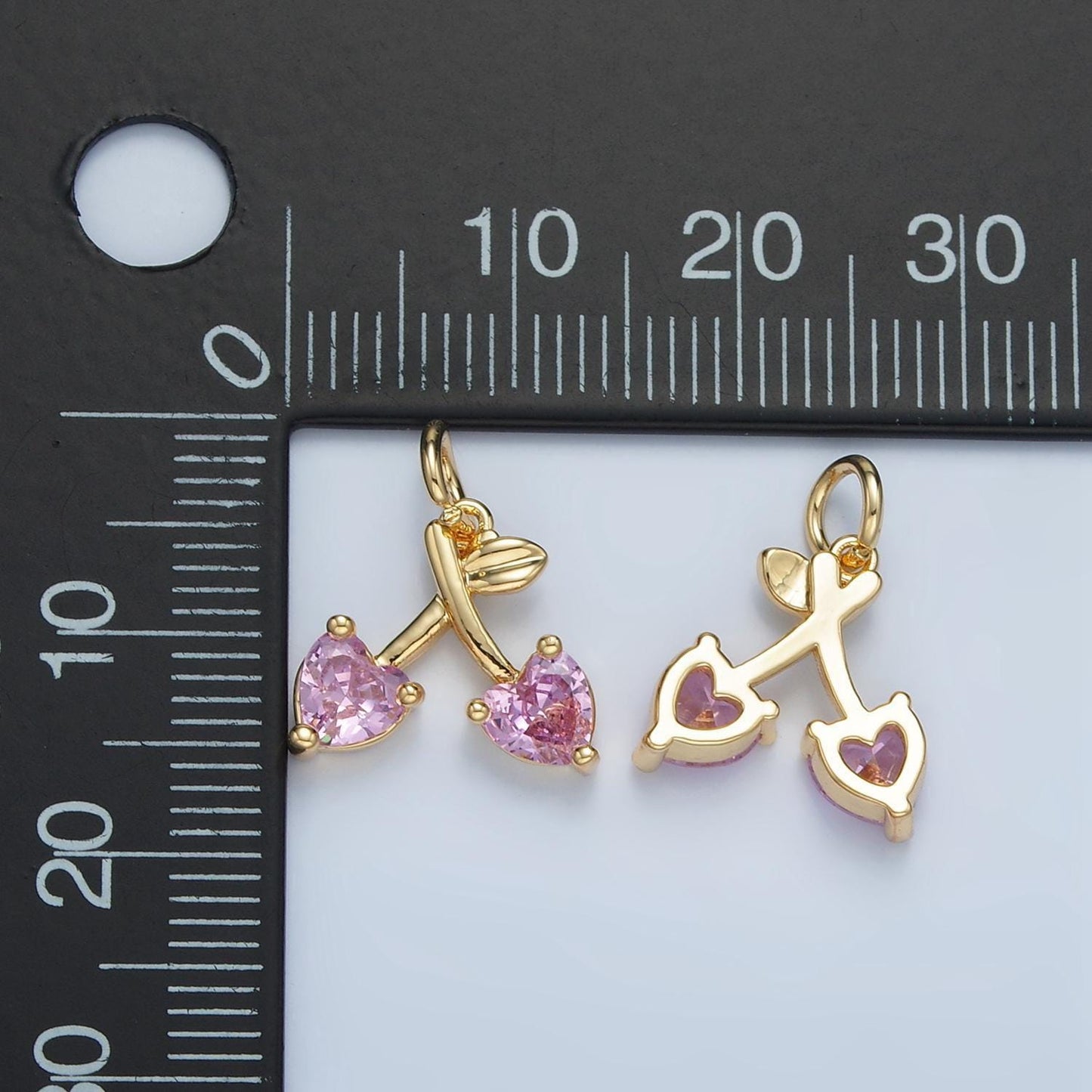 14k gold filled pink cz heart cherry fruit mini add-on charm | n1435