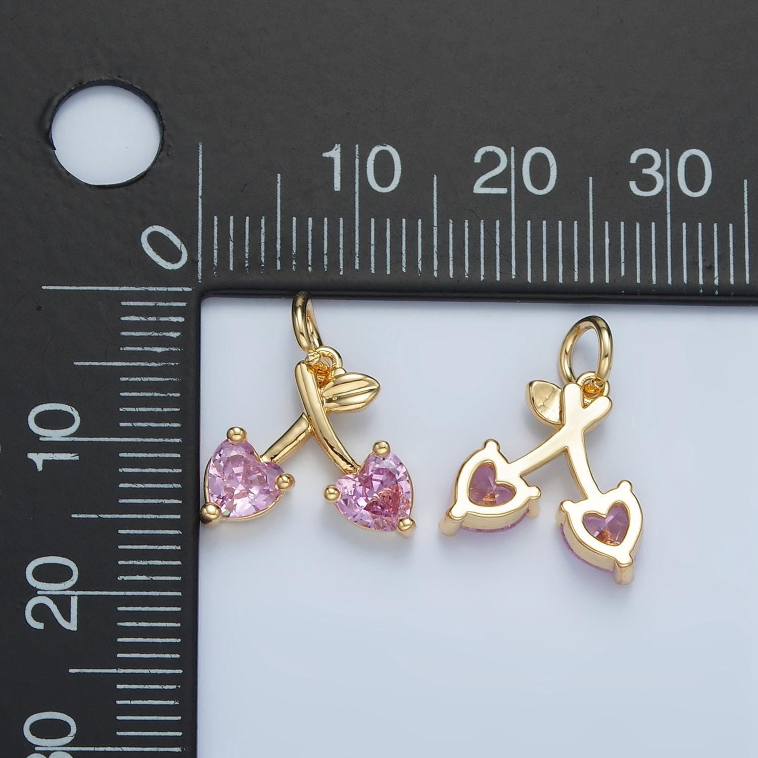 14k gold filled pink cz heart cherry fruit mini add-on charm | n1435