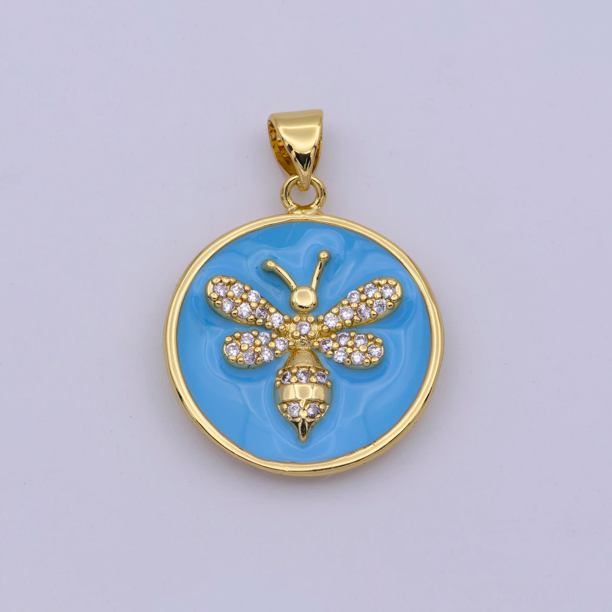 14k gold filled blue enamel bumble queen bee micro paved cz round pendant | n1432