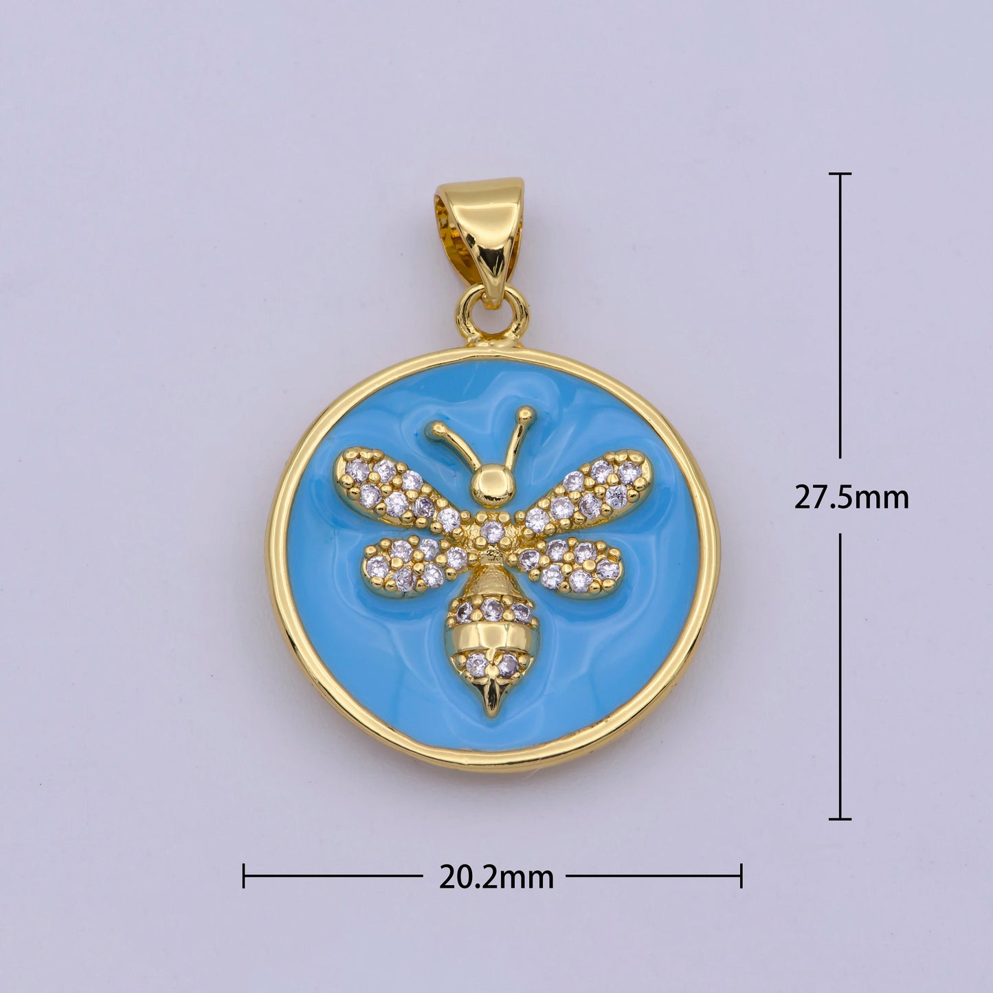 14k gold filled blue enamel bumble queen bee micro paved cz round pendant | n1432