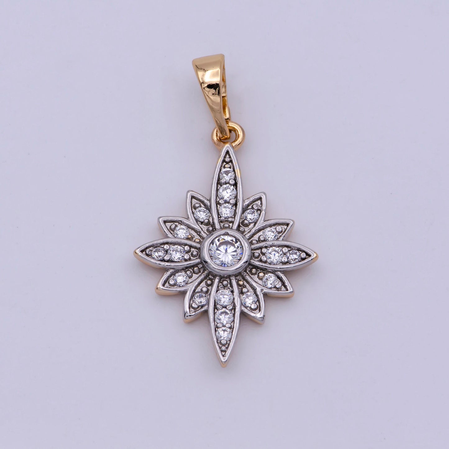 18k gold filled clear micro paved cz celestial north star sun flower mixed metal pendant | n1431