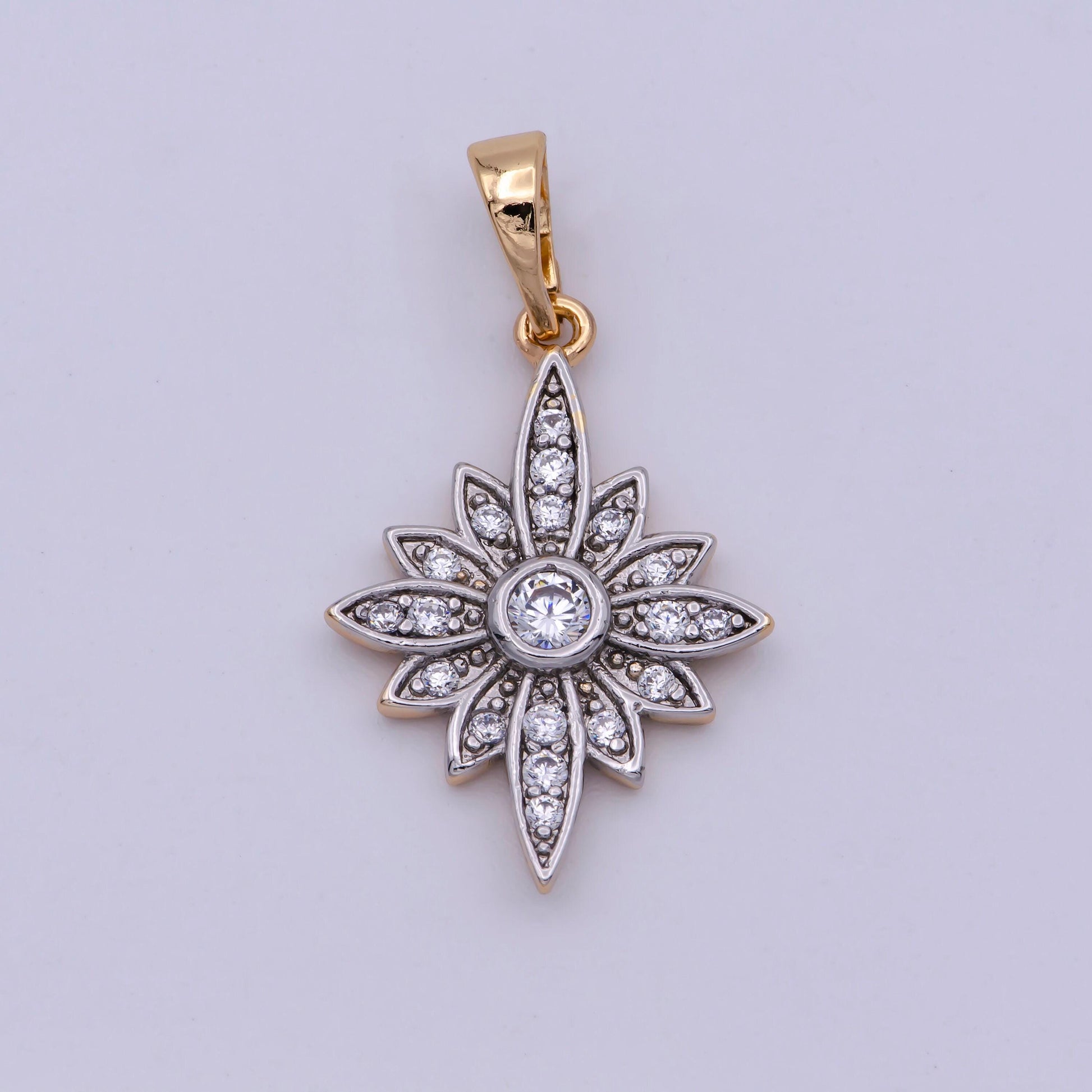 18k gold filled clear micro paved cz celestial north star sun flower mixed metal pendant | n1431