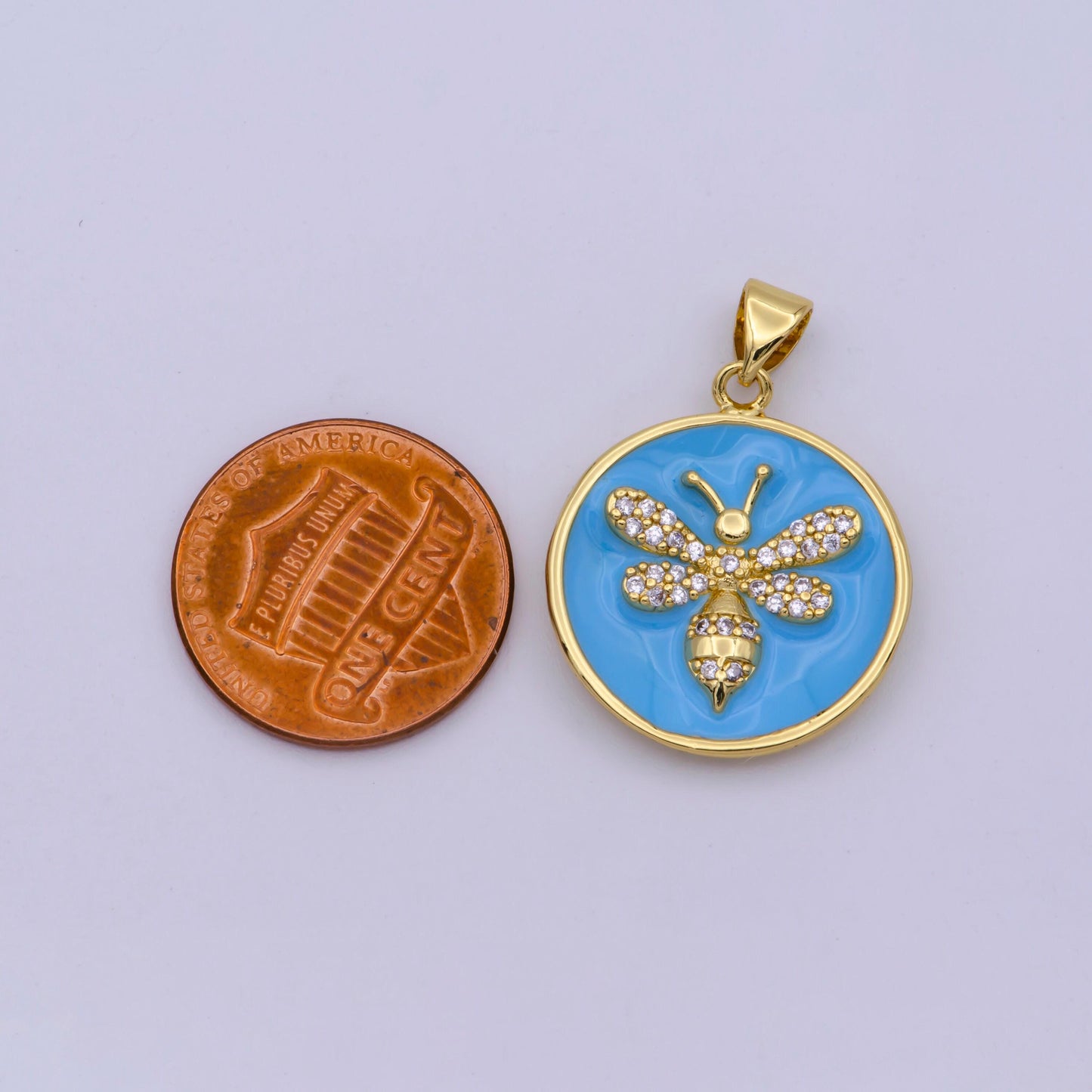 14k gold filled blue enamel bumble queen bee micro paved cz round pendant | n1432