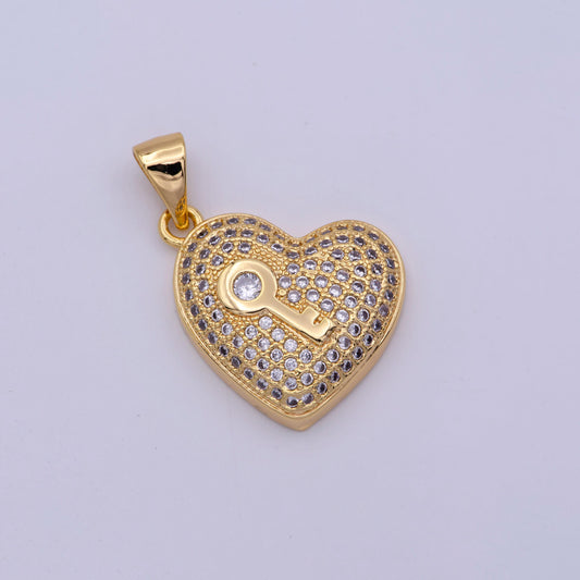 24k gold filled 25mm key micro paved clear cz heart pendant | n1429