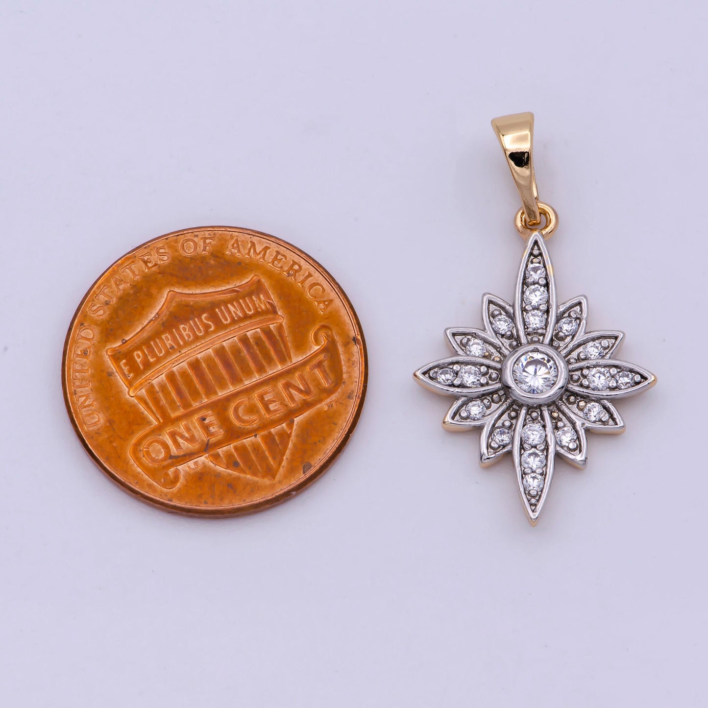 18k gold filled clear micro paved cz celestial north star sun flower mixed metal pendant | n1431