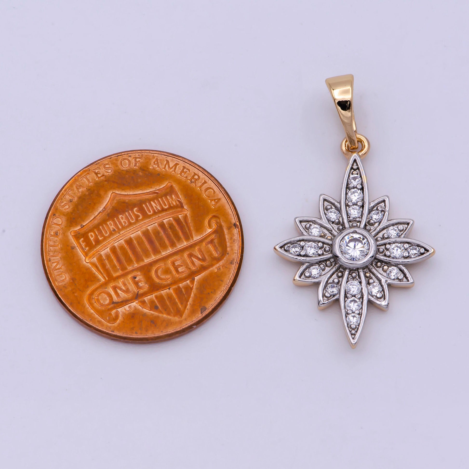 18k gold filled clear micro paved cz celestial north star sun flower mixed metal pendant | n1431