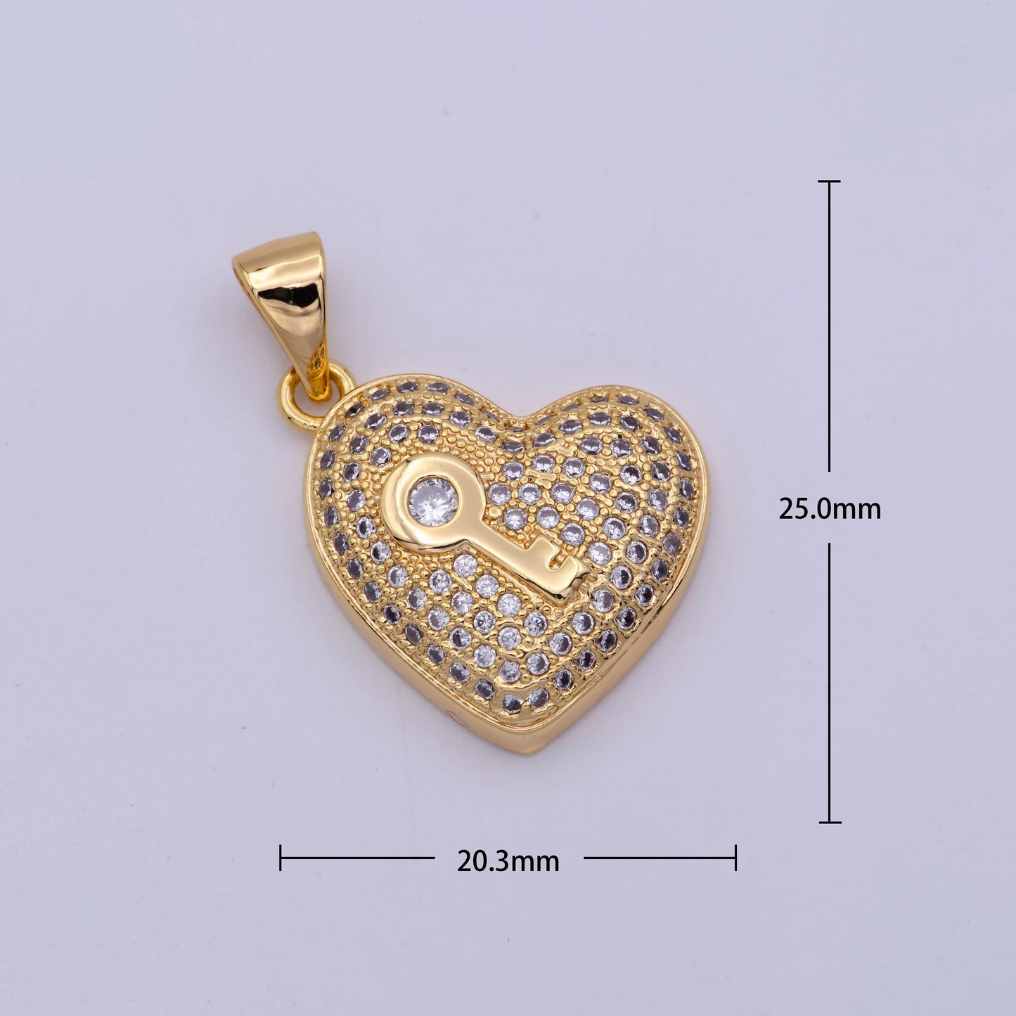 24k gold filled 25mm key micro paved clear cz heart pendant | n1429