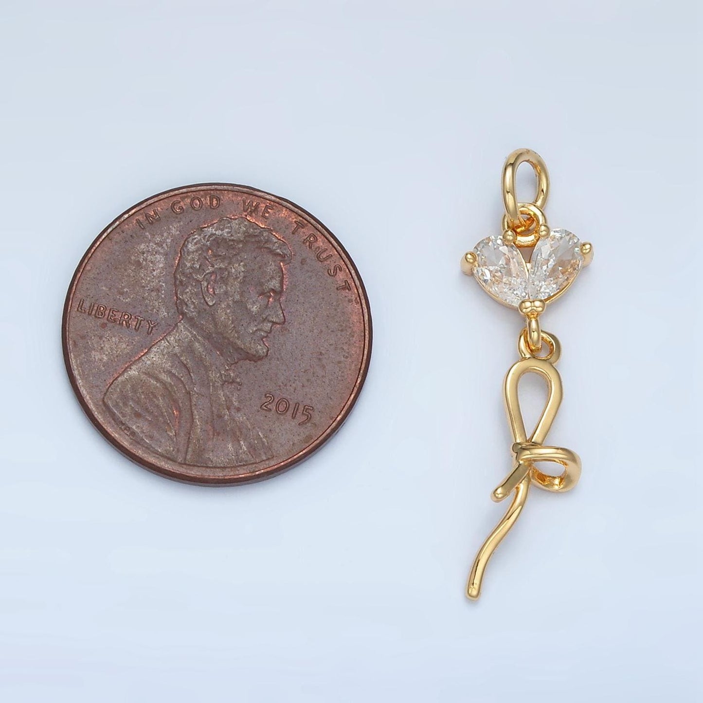 Twisted ribbon bow, clear heart cz gold filled drop charm | n-1416