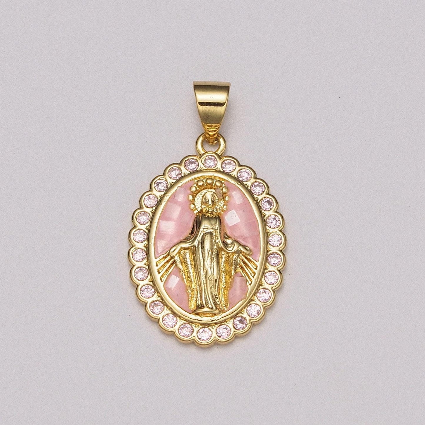 Pink virgin mary charm, cz micro pave miraculous lady guadalupe pendant, 24k gold filled medallion religious jewelry making, n-1412