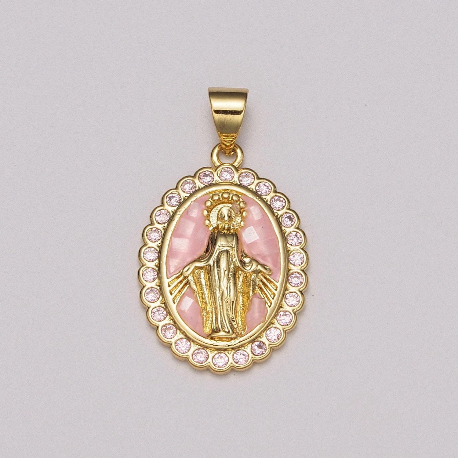 Pink virgin mary charm, cz micro pave miraculous lady guadalupe pendant, 24k gold filled medallion religious jewelry making, n-1412
