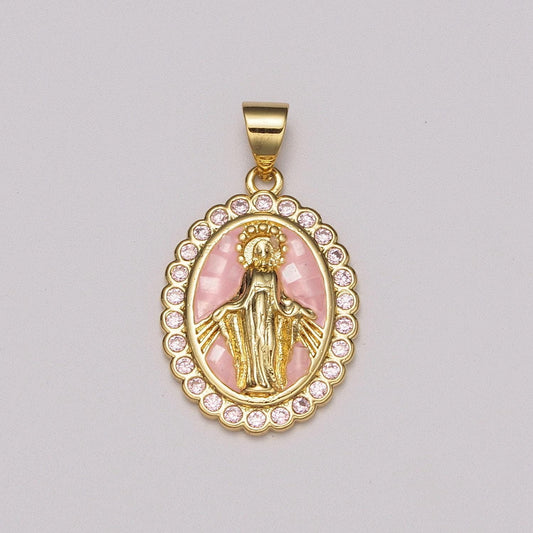 Pink virgin mary charm, cz micro pave miraculous lady guadalupe pendant, 24k gold filled medallion religious jewelry making, n-1412