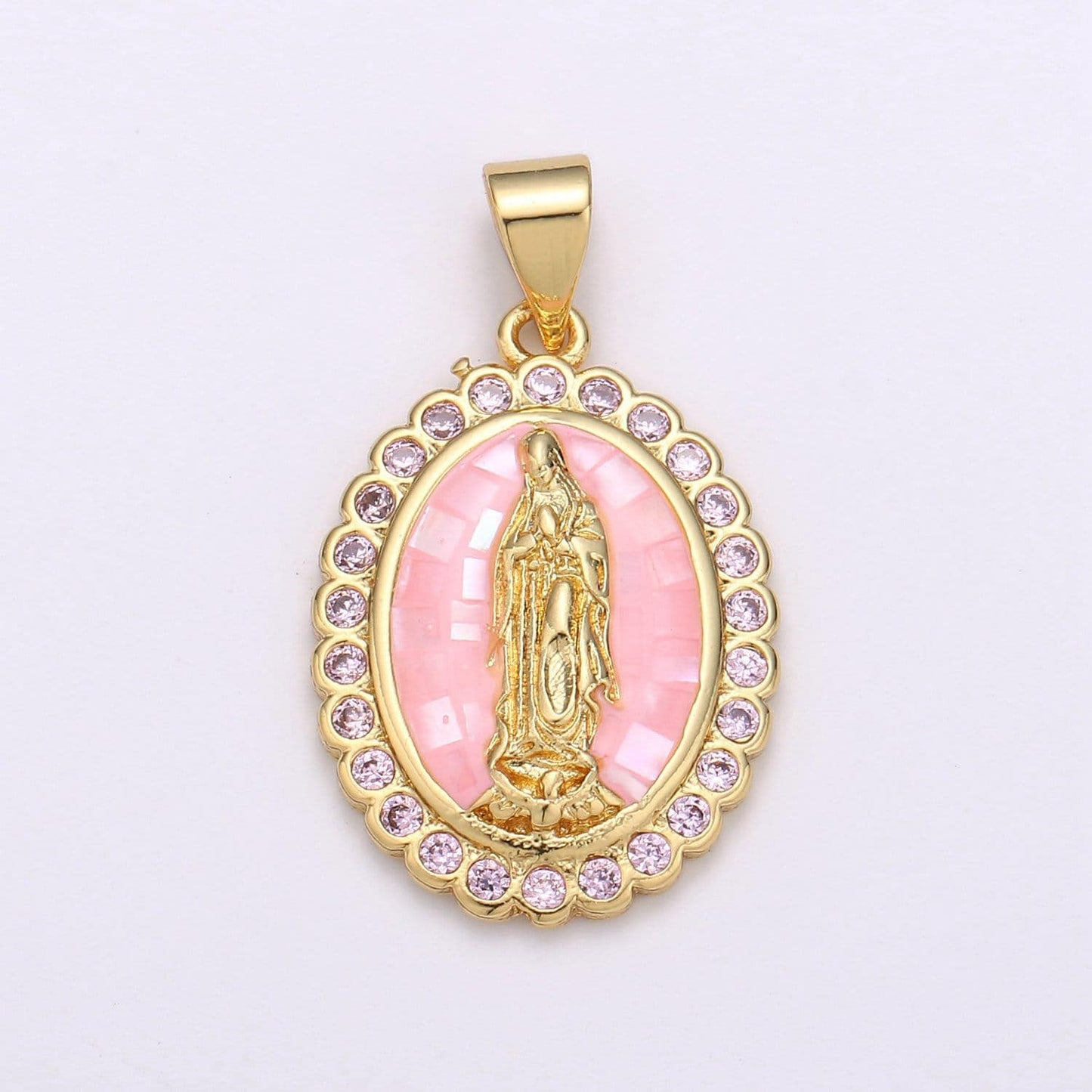 Pink virgin mary charm, cz micro pave miraculous lady guadalupe pendant, 24k gold filled medallion religious jewelry making, n-1412