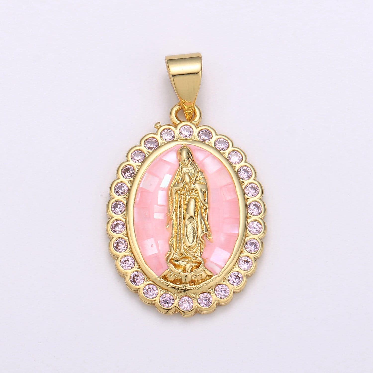 Pink virgin mary charm, cz micro pave miraculous lady guadalupe pendant, 24k gold filled medallion religious jewelry making, n-1412