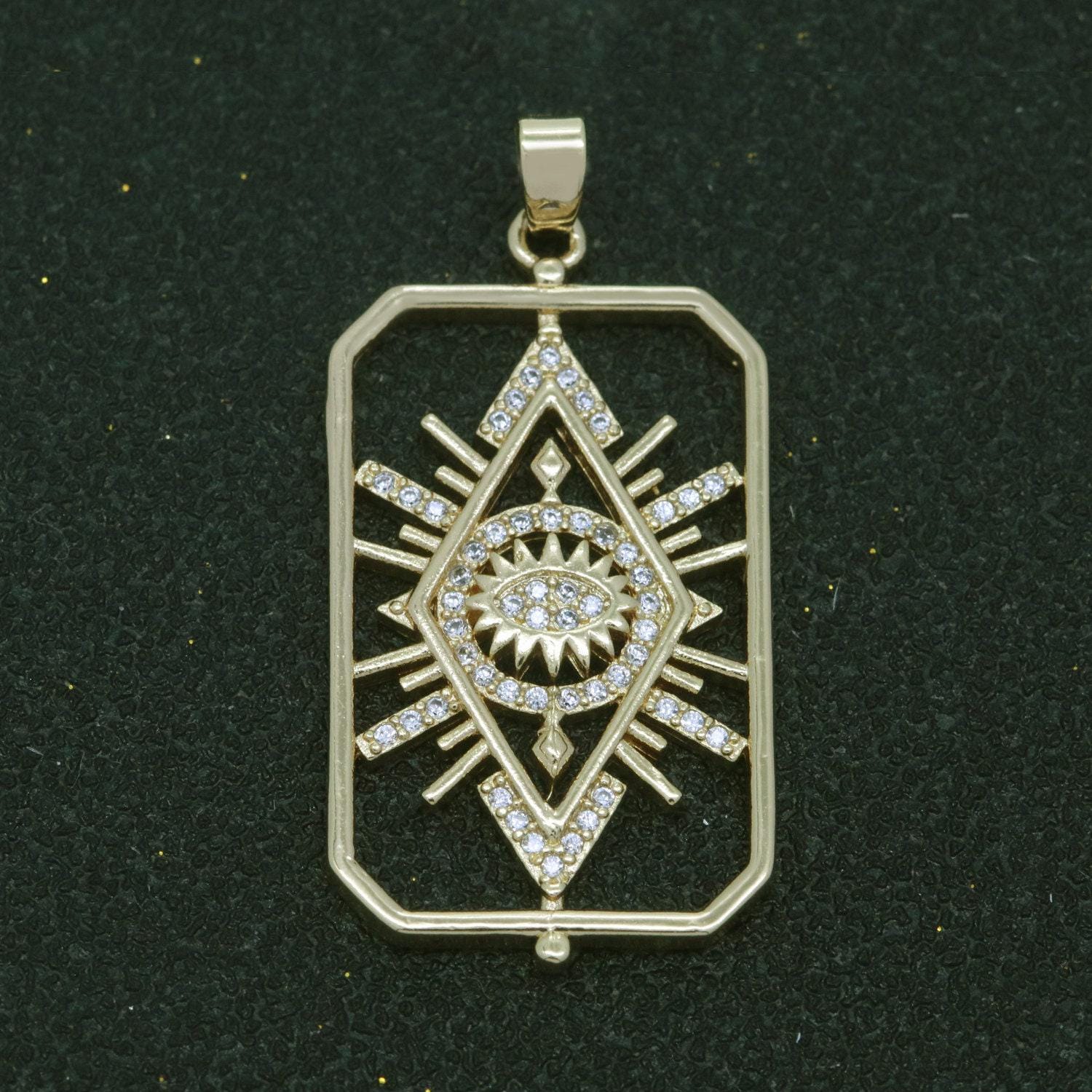 Evil eye charm necklace, sun burst medallion 18k gold filled necklace pendant micro pave eye charm for jewelry supply