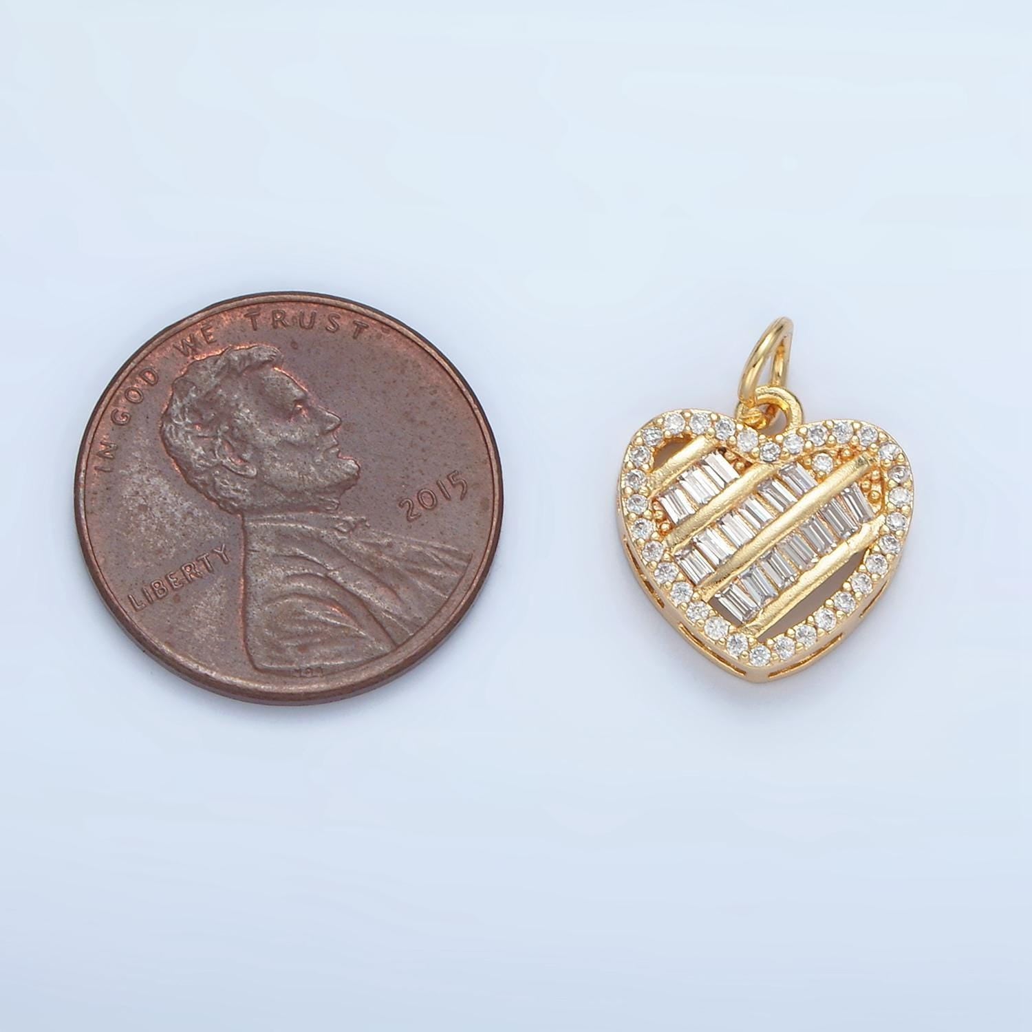 Open back baguette heart micro cz paved, 24k gold filled heart charm | n-1380
