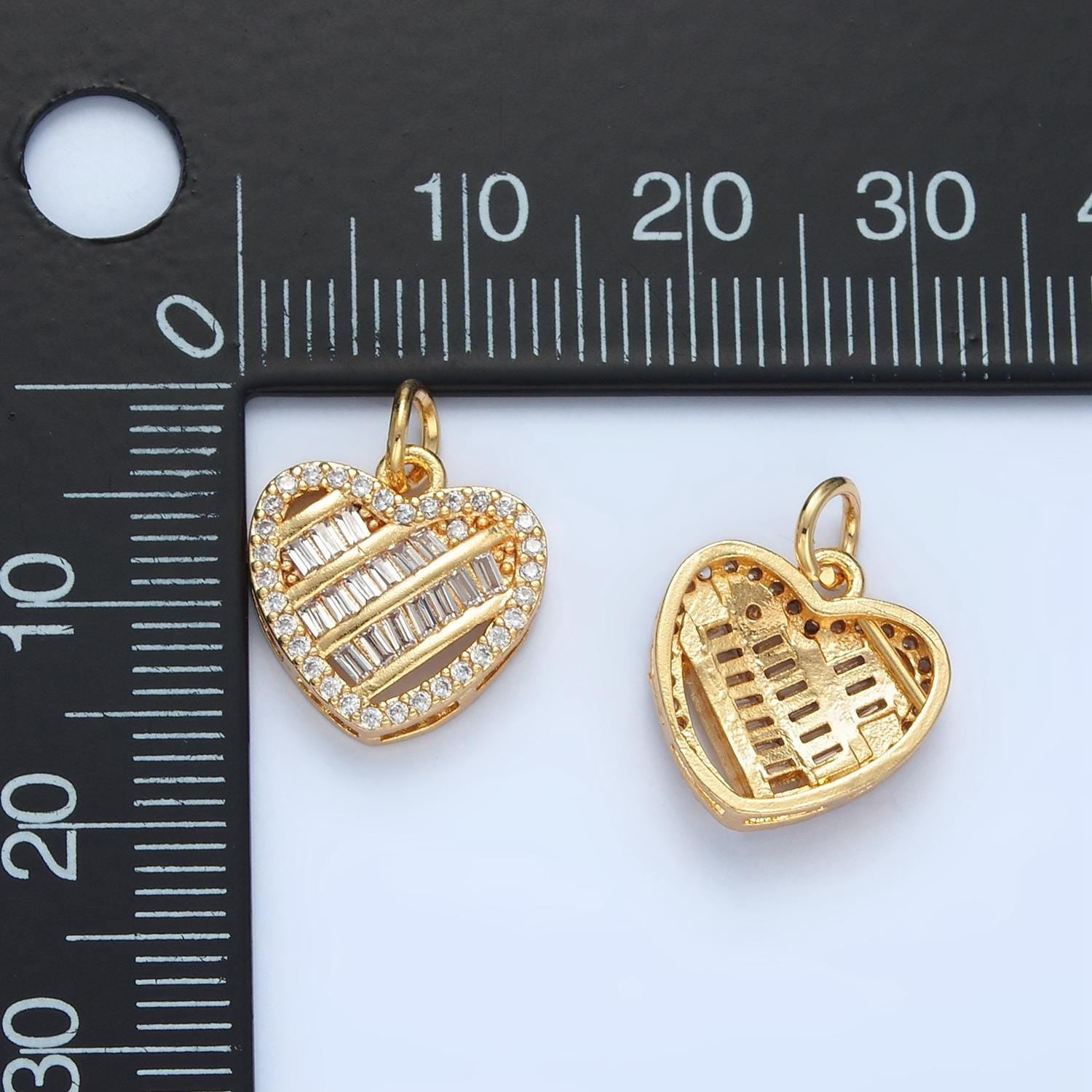 Open back baguette heart micro cz paved, 24k gold filled heart charm | n-1380
