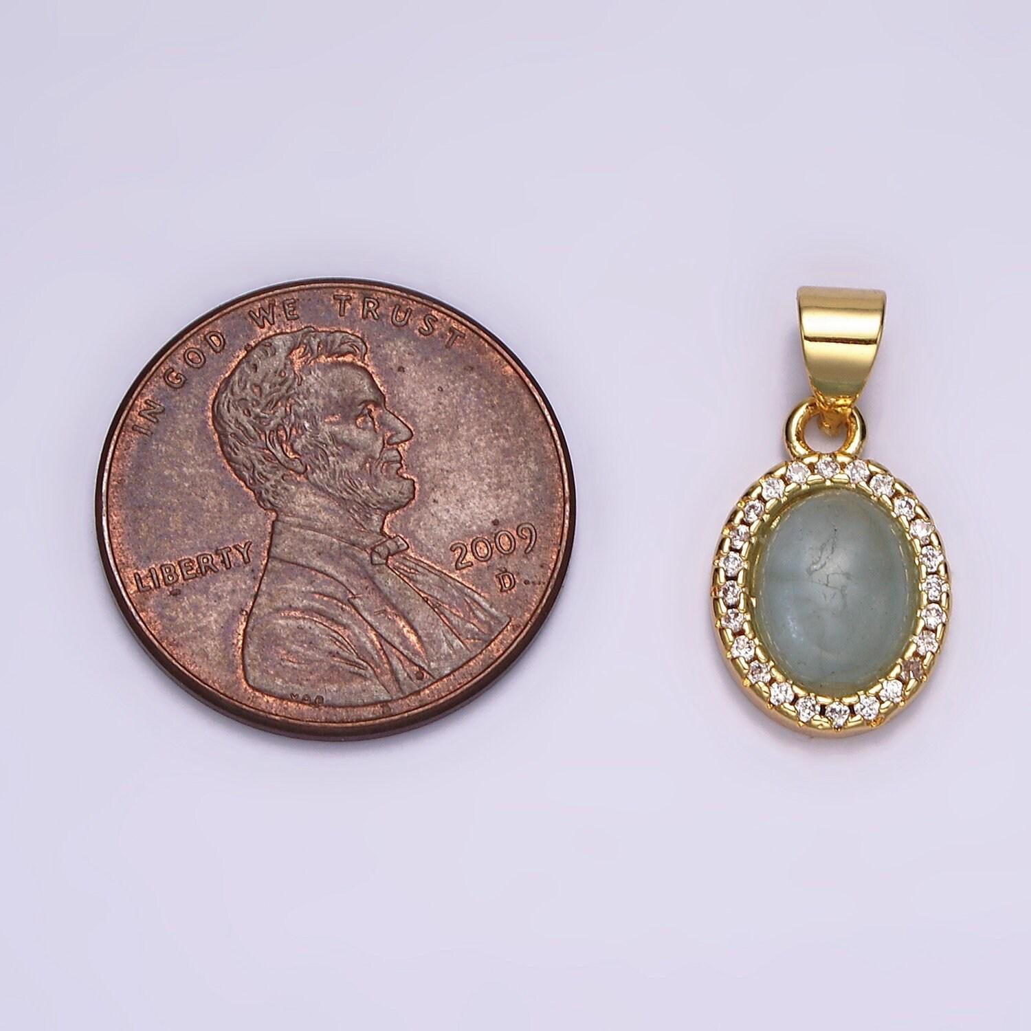 14k gold filled blue agate micro paved cz oval pendant | n1328