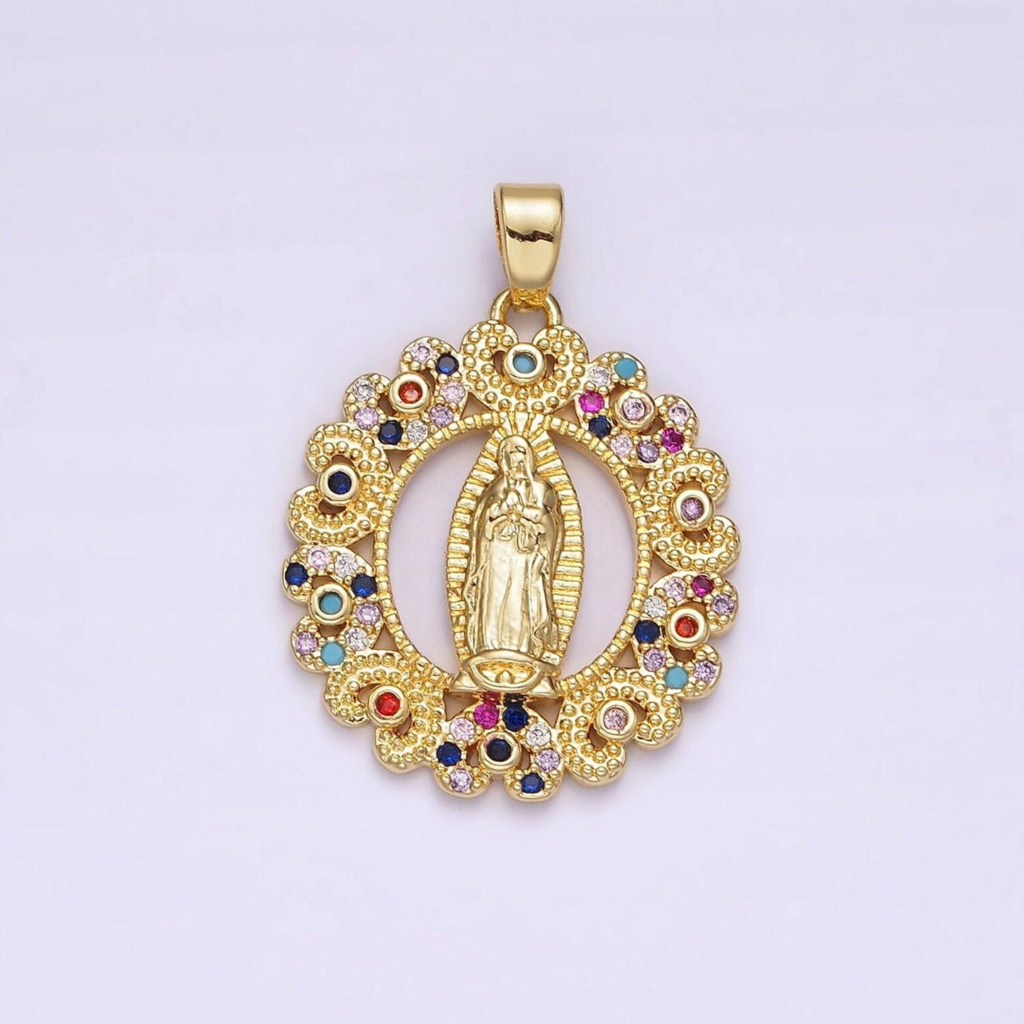 14k gold filled mary lady guadalupe multicolor cz dotted heart outline open oval pendant | n1317