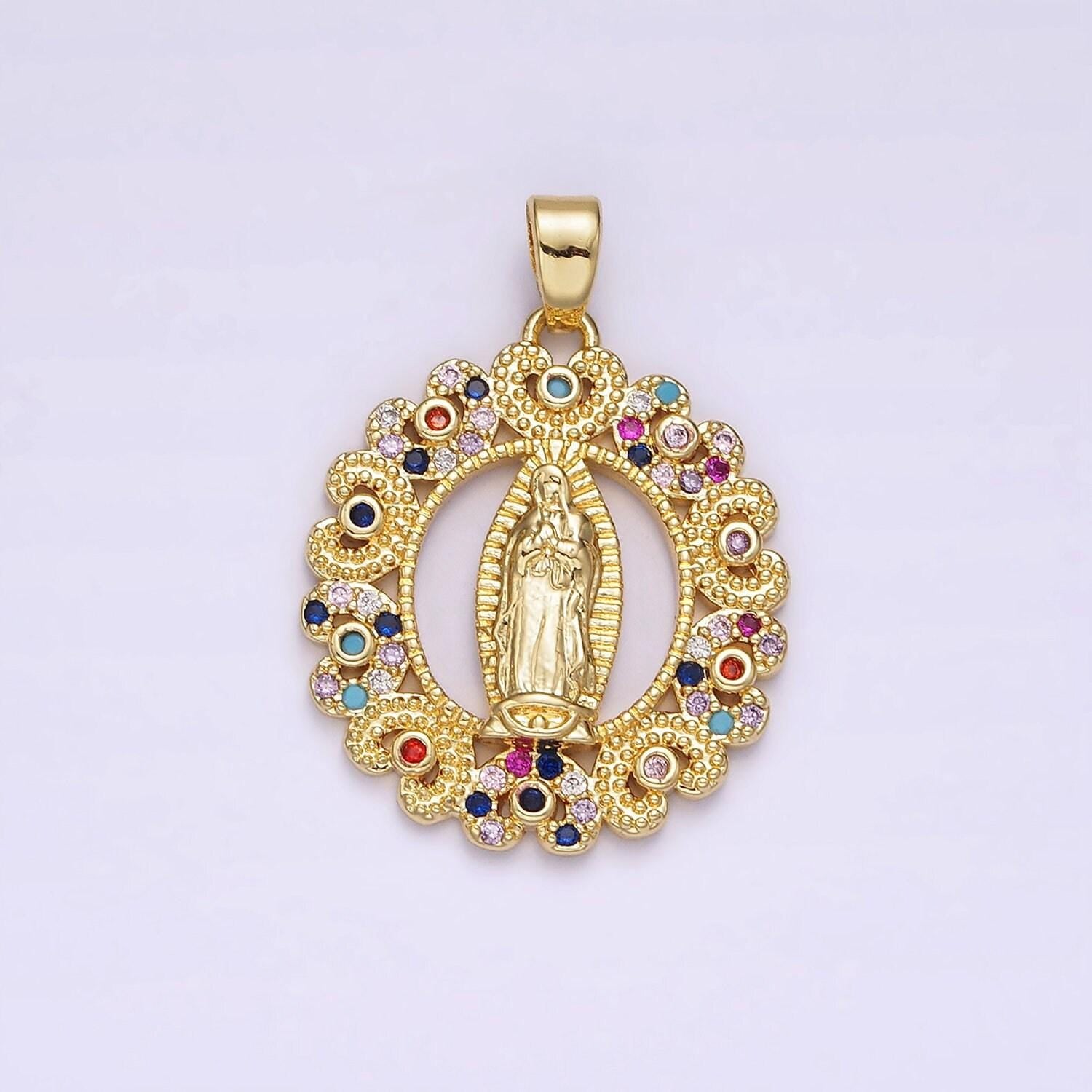 14k gold filled mary lady guadalupe multicolor cz dotted heart outline open oval pendant | n1317