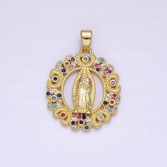14k gold filled mary lady guadalupe multicolor cz dotted heart outline open oval pendant | n1317