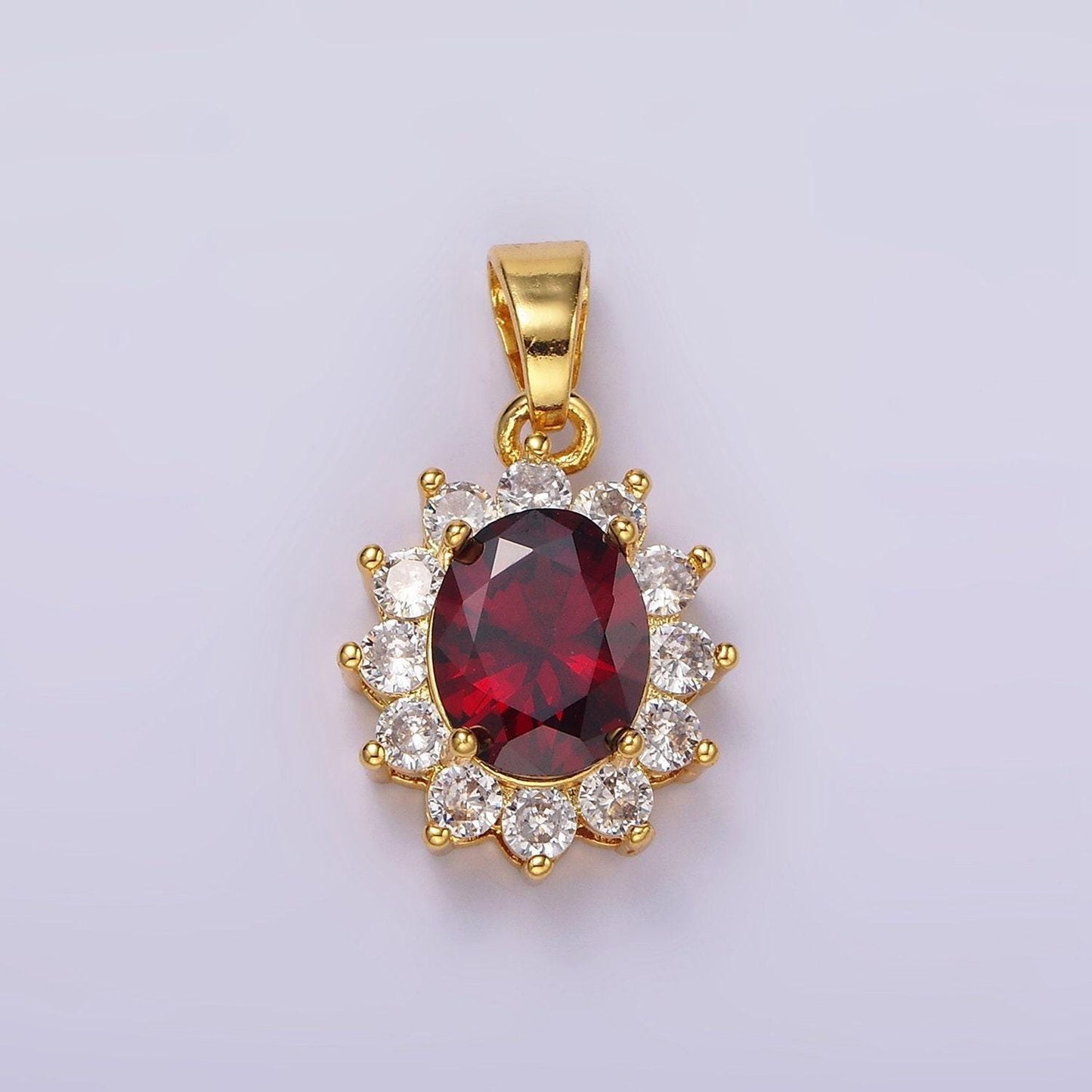 24k gold filled red cz flower celestial sun oval pendant | n1315