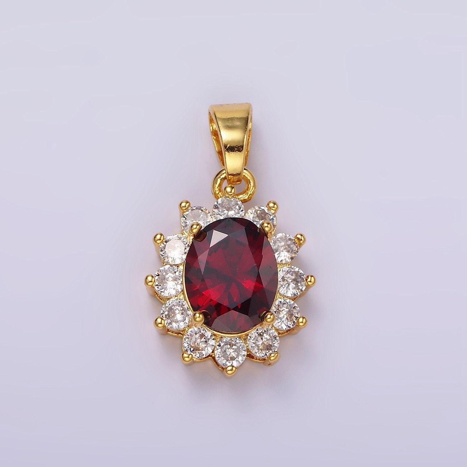 24k gold filled red cz flower celestial sun oval pendant | n1315