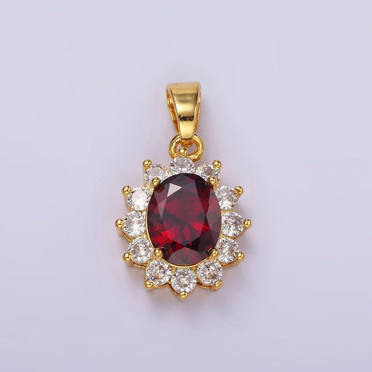 24k gold filled red cz flower celestial sun oval pendant | n1315