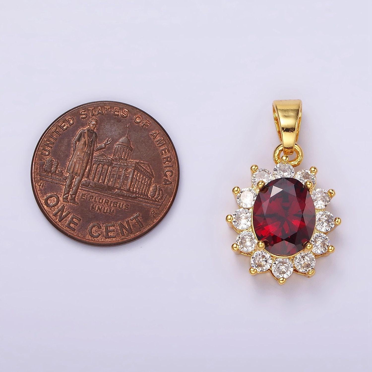 24k gold filled red cz flower celestial sun oval pendant | n1315