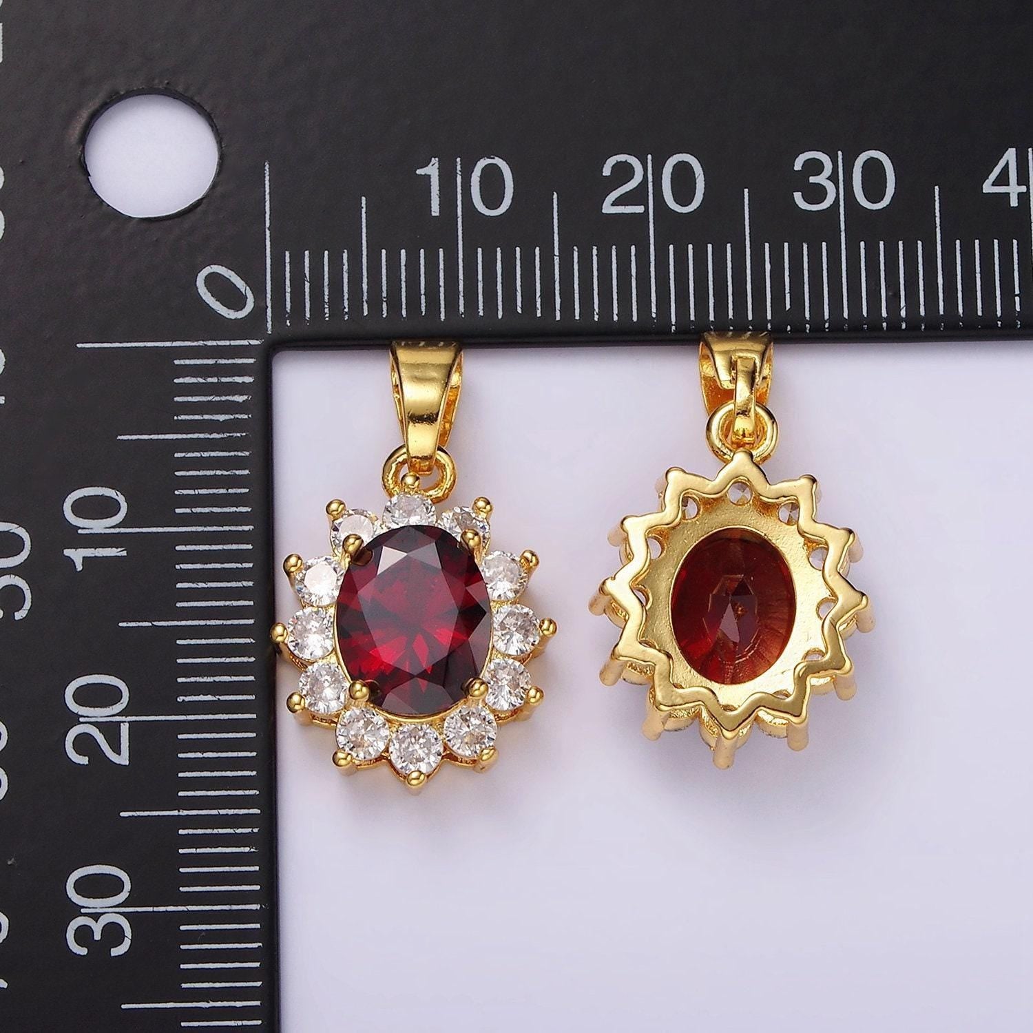 24k gold filled red cz flower celestial sun oval pendant | n1315