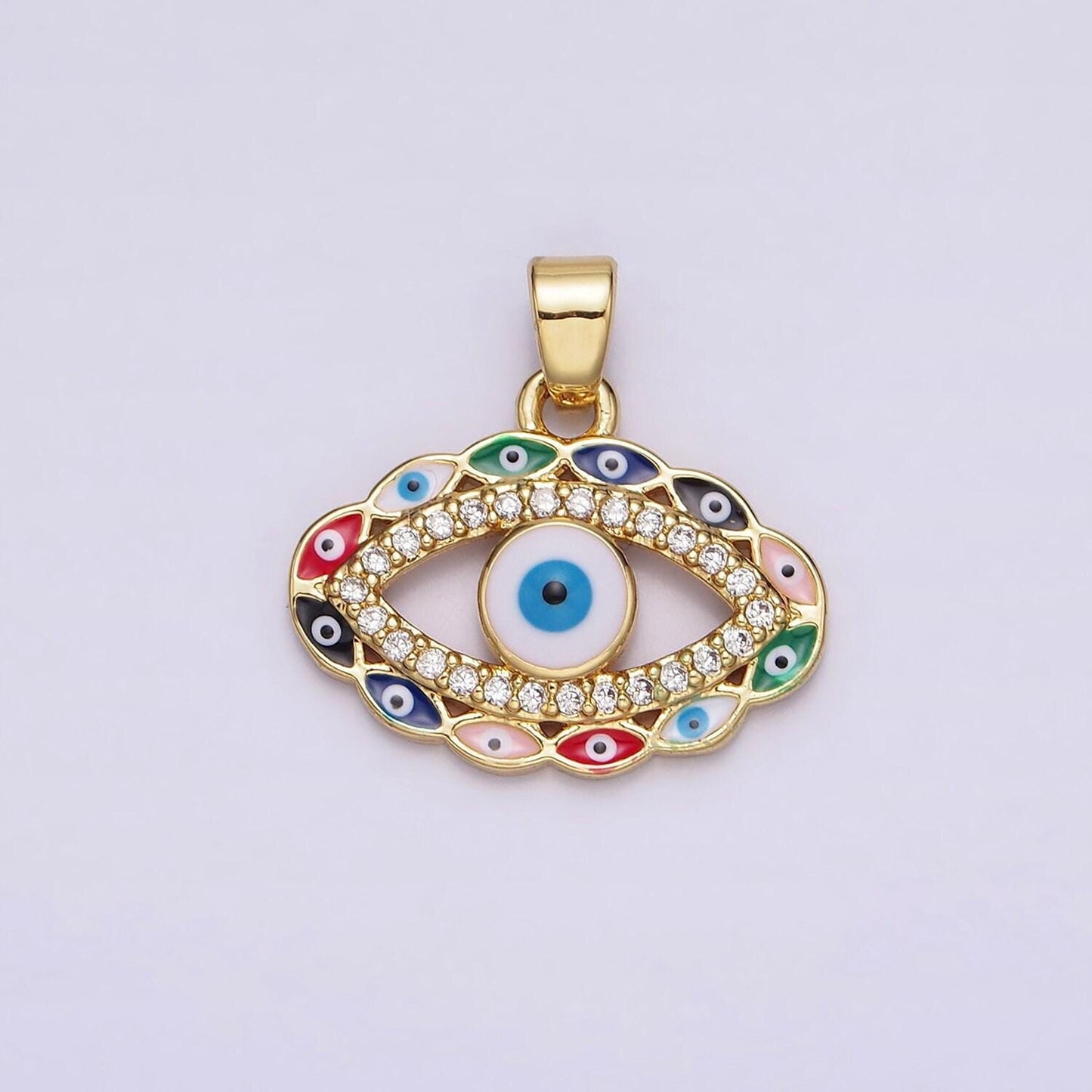 14k gold filled blue, multicolor evil eye open micro paved cz pendant | n1313