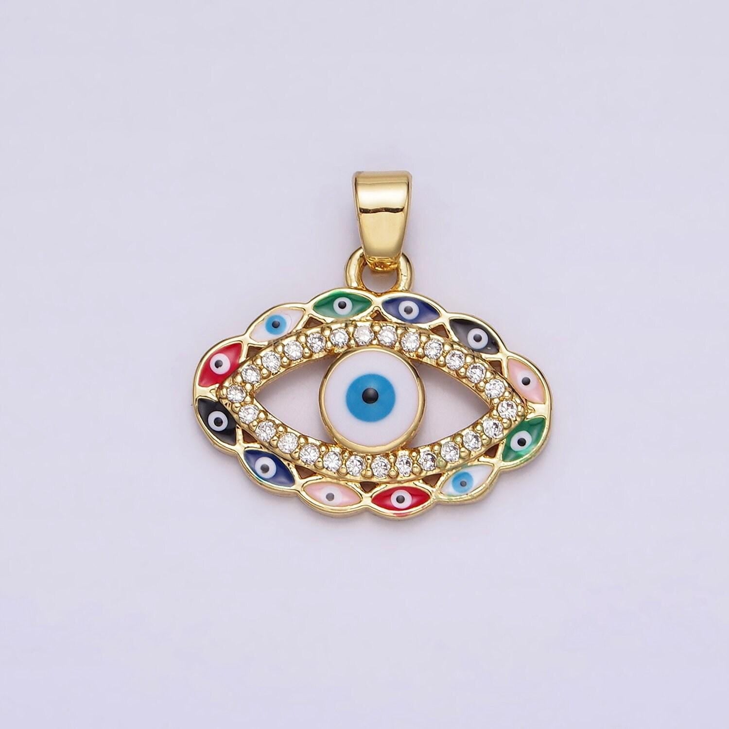 14k gold filled blue, multicolor evil eye open micro paved cz pendant | n1313