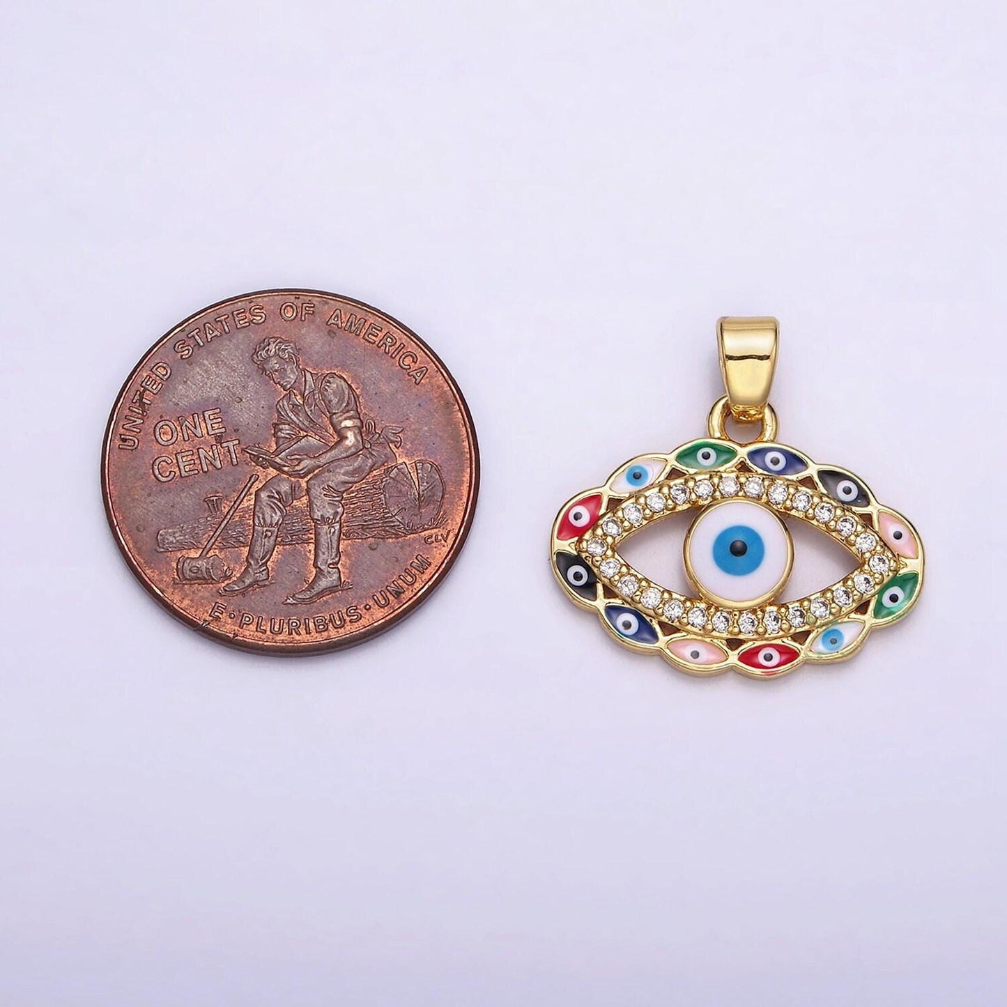 14k gold filled blue, multicolor evil eye open micro paved cz pendant | n1313
