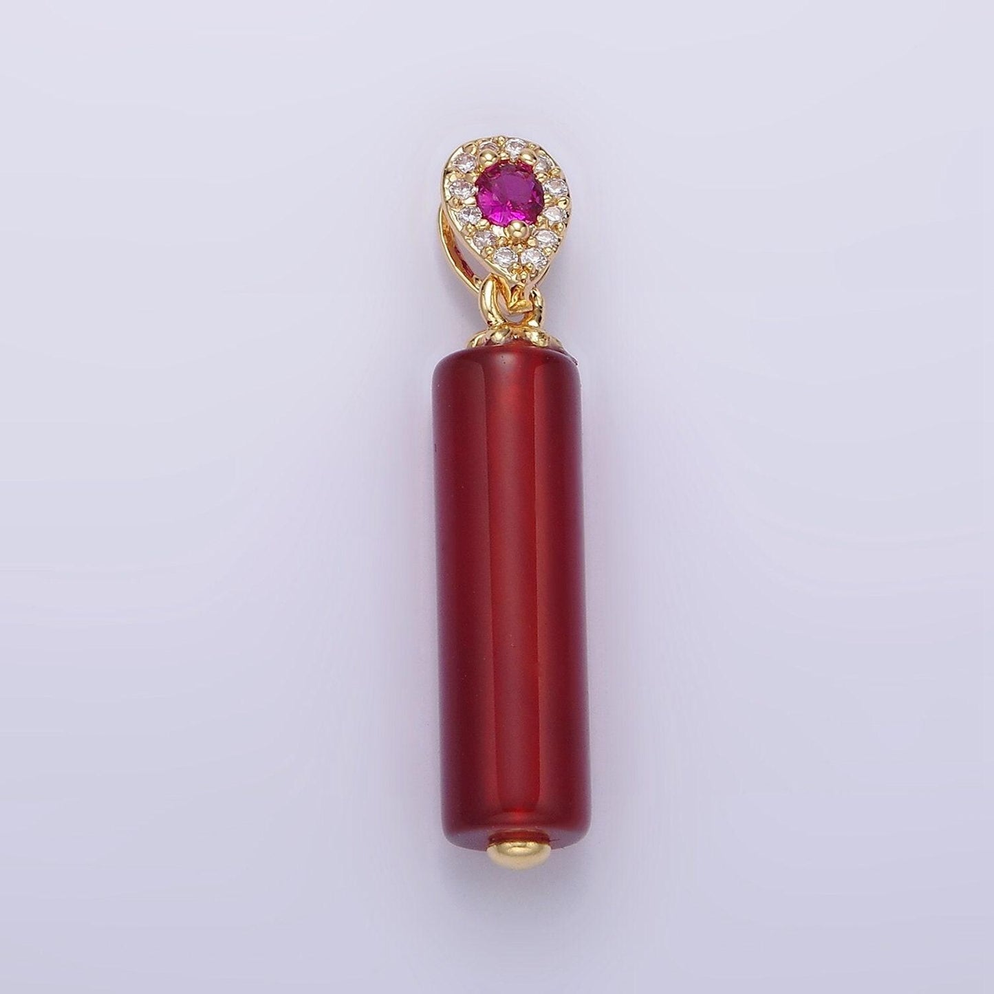 Gold carnelian tube stone charm pendant with pink cz stone for jewelry making supplies n-1291
