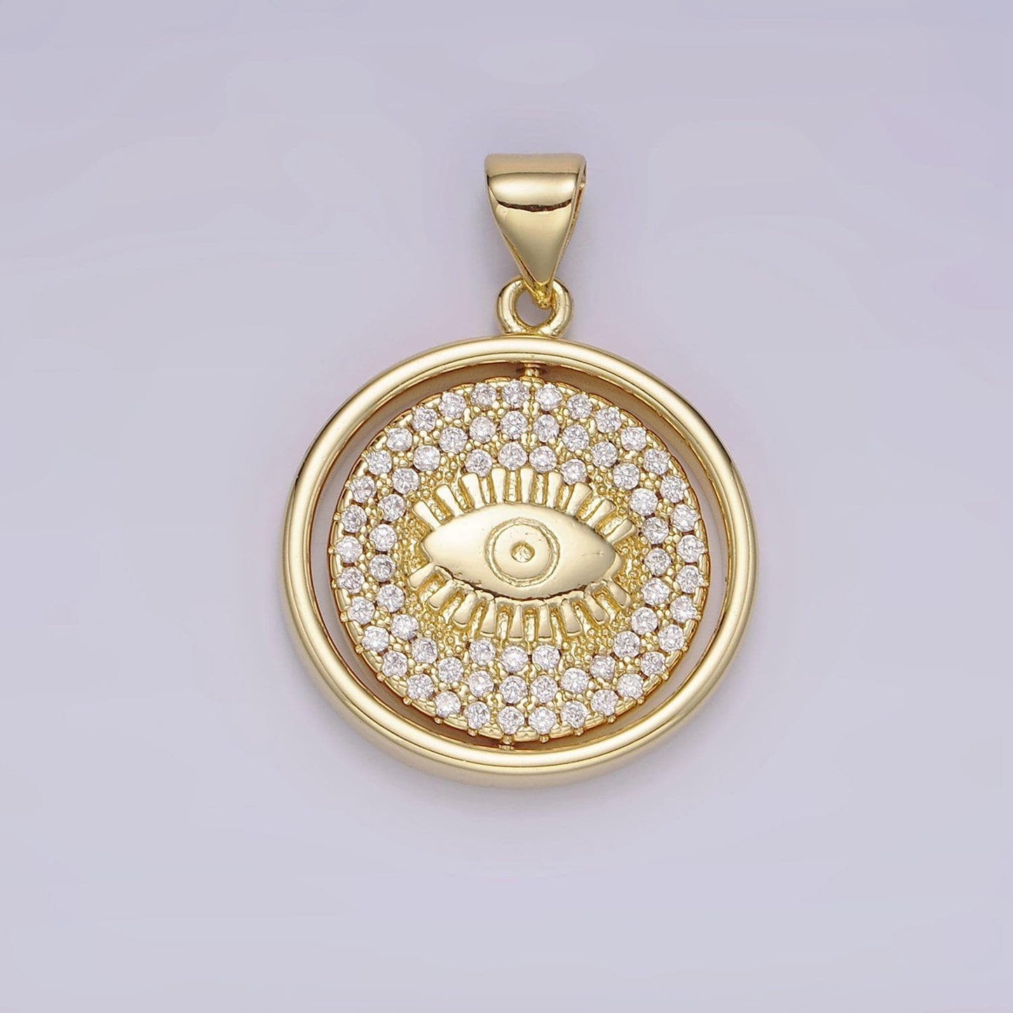 14k gold filled evil eye clear micro paved cz double sided spinning round pendant | n1288