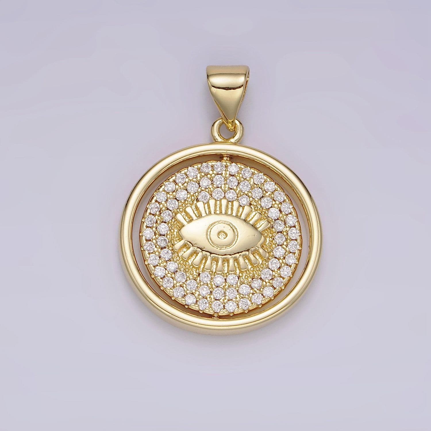14k gold filled evil eye clear micro paved cz double sided spinning round pendant | n1288