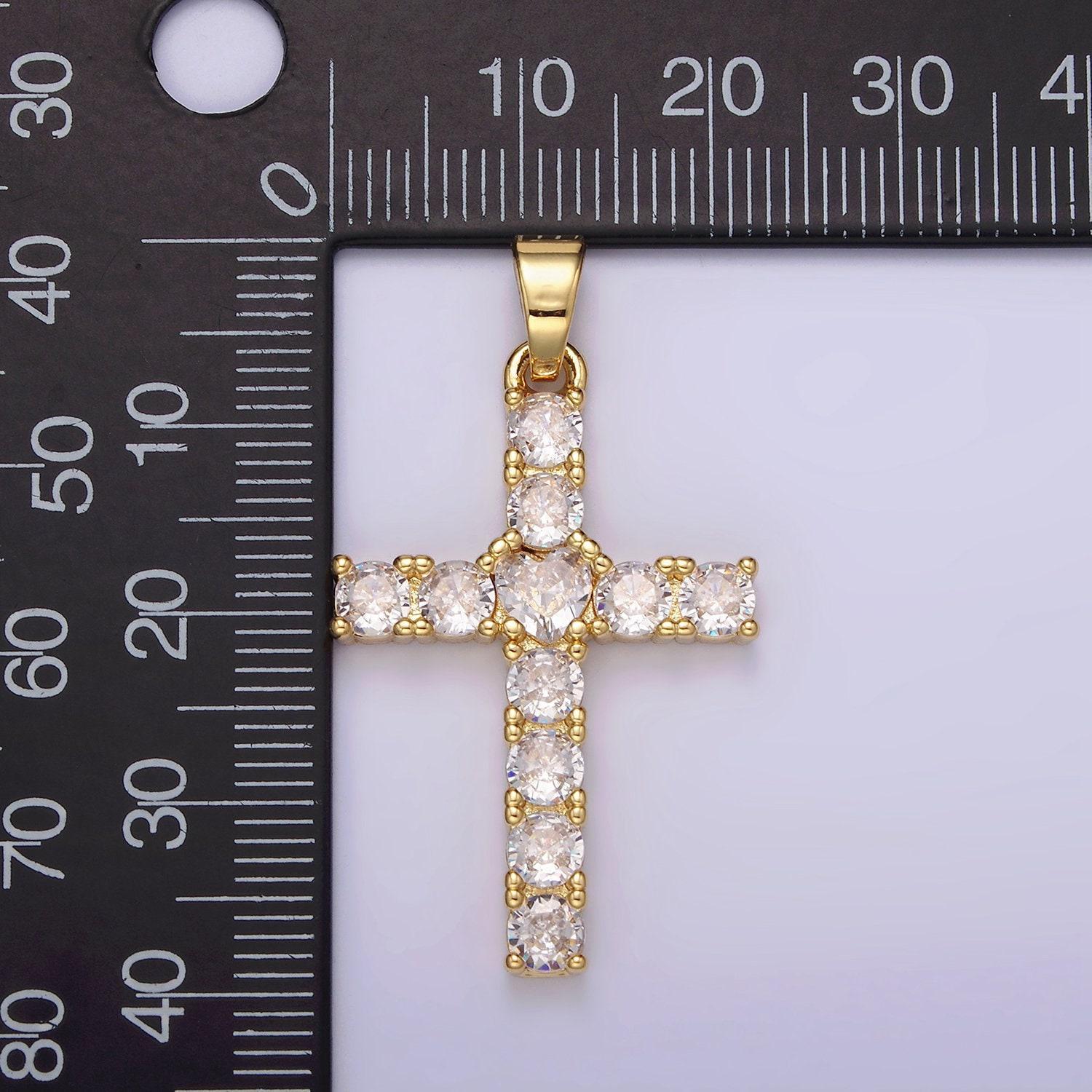 14k gold filled 40mm clear round cz lined religious cross pendant | n1287