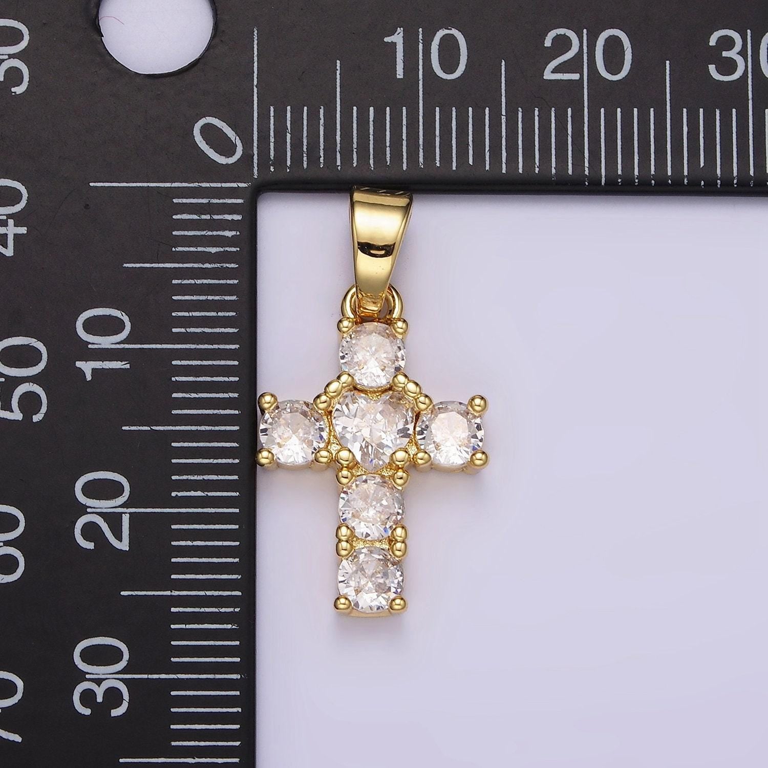 14k gold filled clear cz square lined 27mm beaded cross pendant | n1286