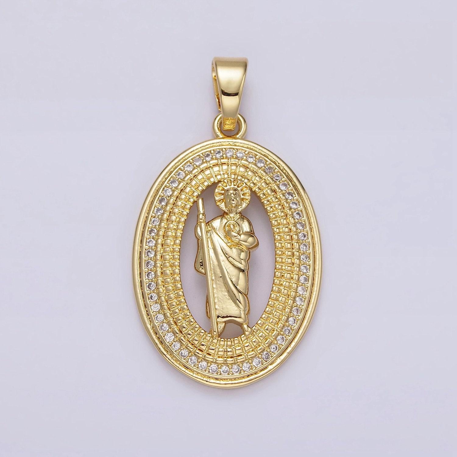 14k gold filled saint jude open beaded clear micro paved cz oval pendant | n1285