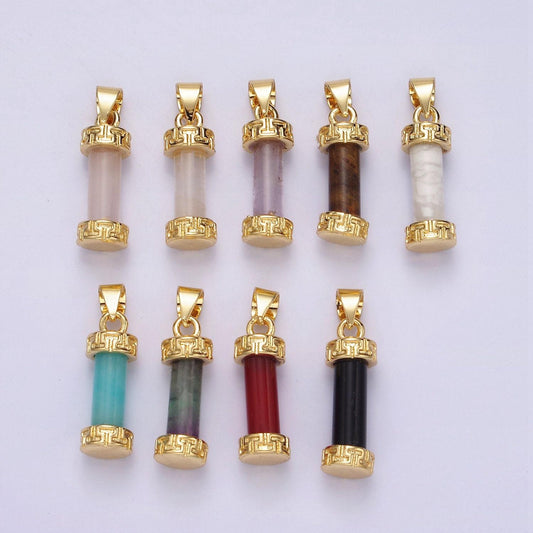 14kgold filled carnelian, amazonite, amethyst, onyx, clearquartz, rosequartz, howlite, tigereye engraved cylinder tube pendant | n1272-n1279