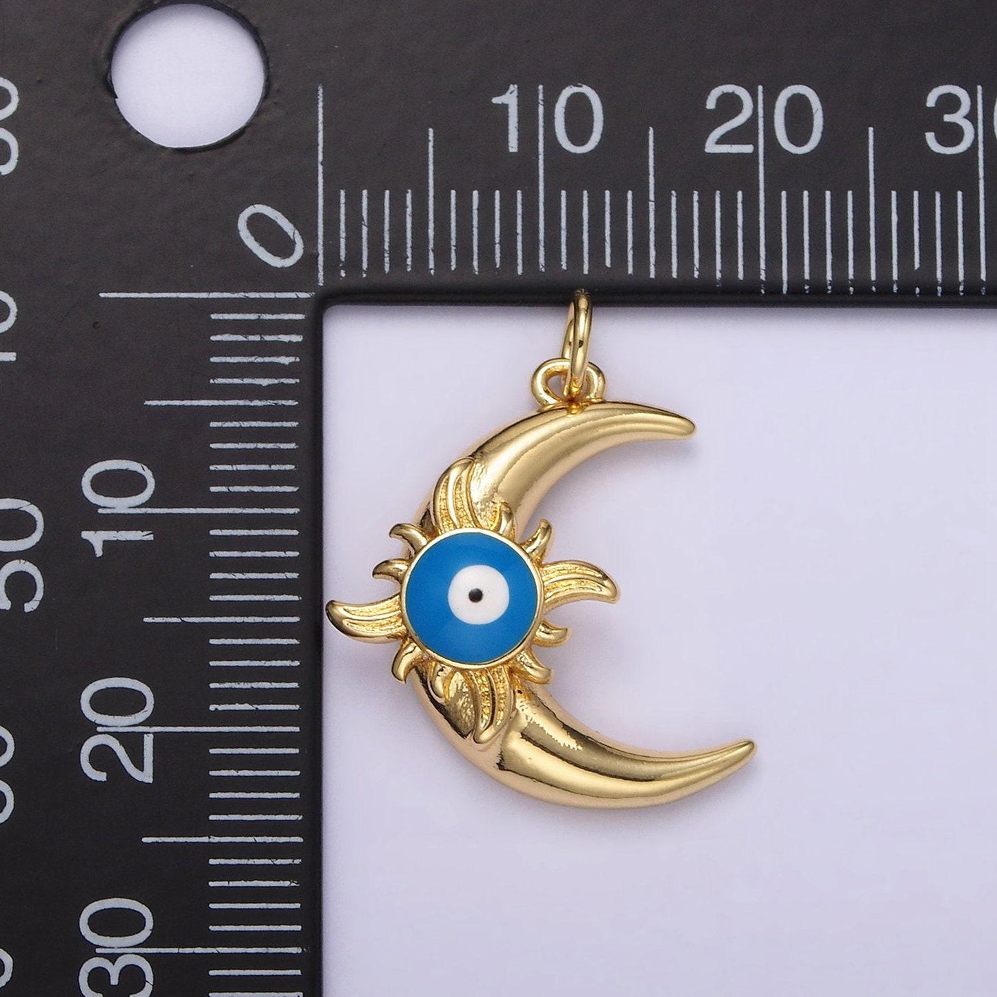 14k gold filled blue evil eye enamel celestial sun crescent moon charm in gold & silver | n1169 n1170