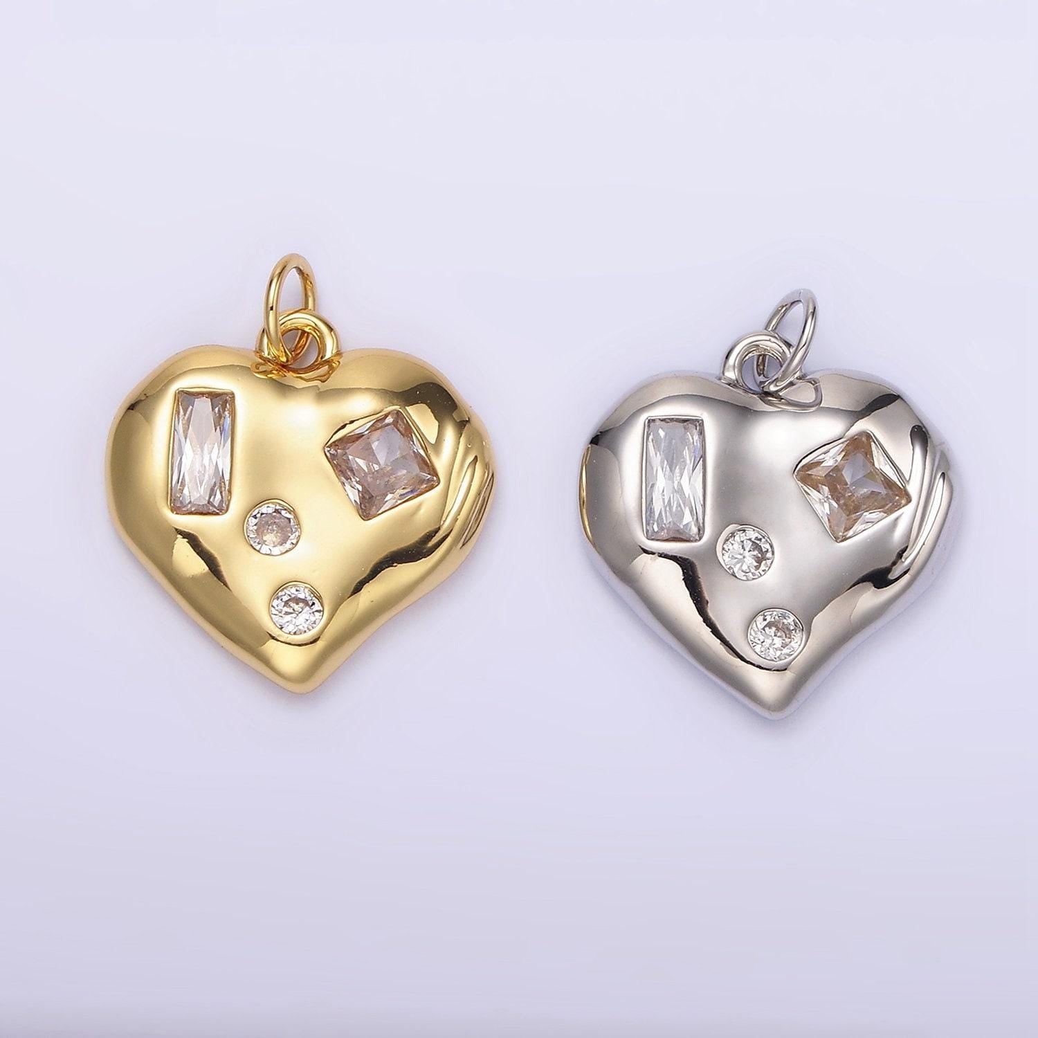 14k gold filled clear cz baguette dotted molten heart charm in gold & silver | n1163 n1164