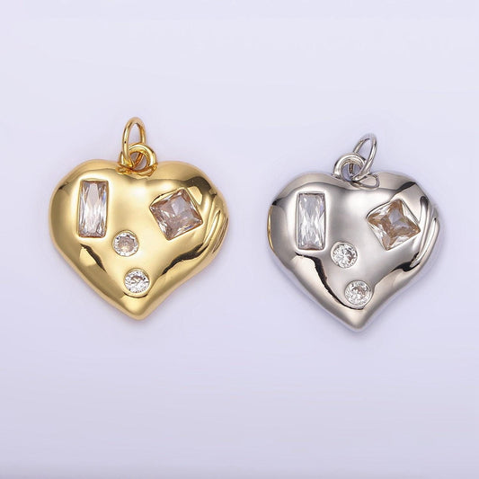 14k gold filled clear cz baguette dotted molten heart charm in gold & silver | n1163 n1164