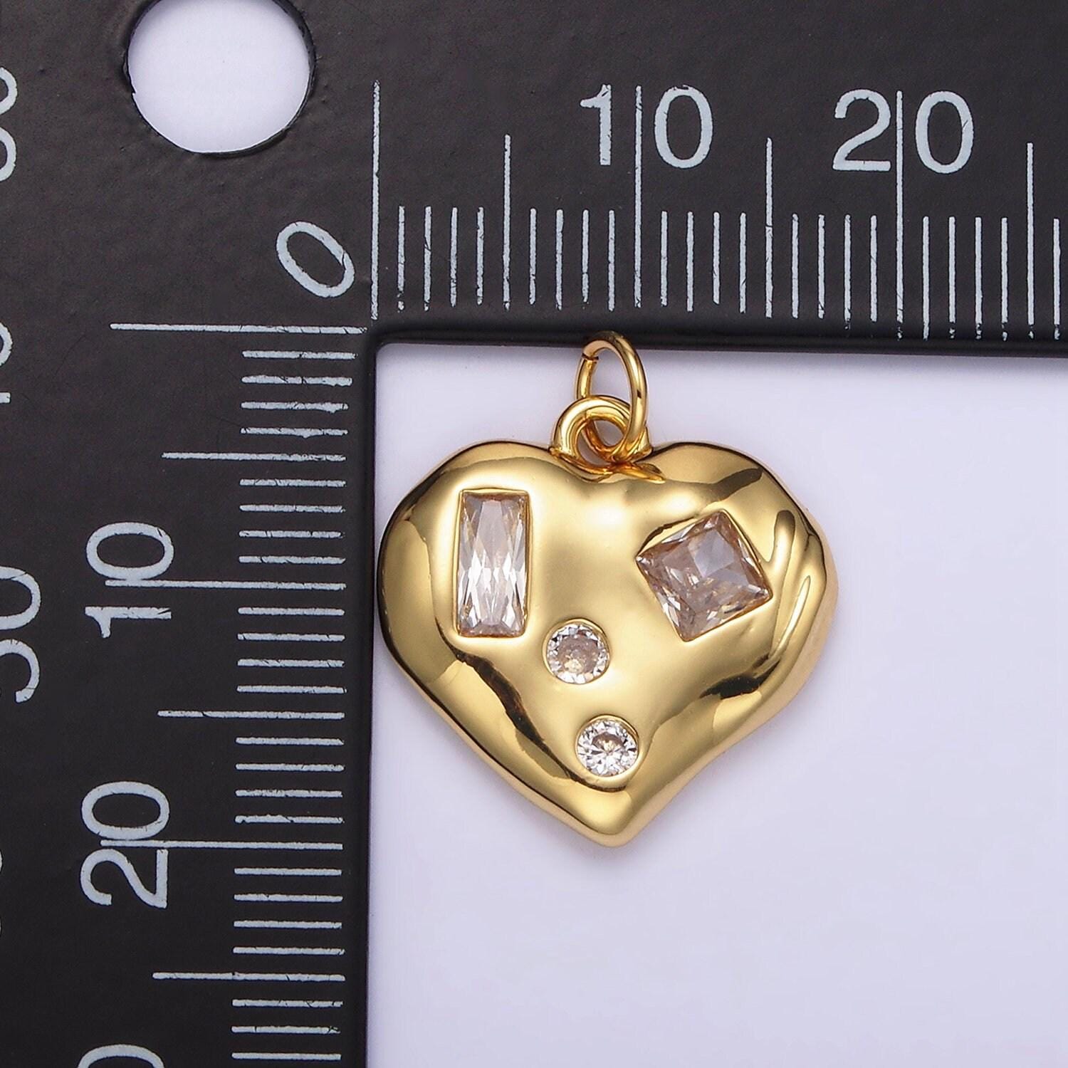 14k gold filled clear cz baguette dotted molten heart charm in gold & silver | n1163 n1164