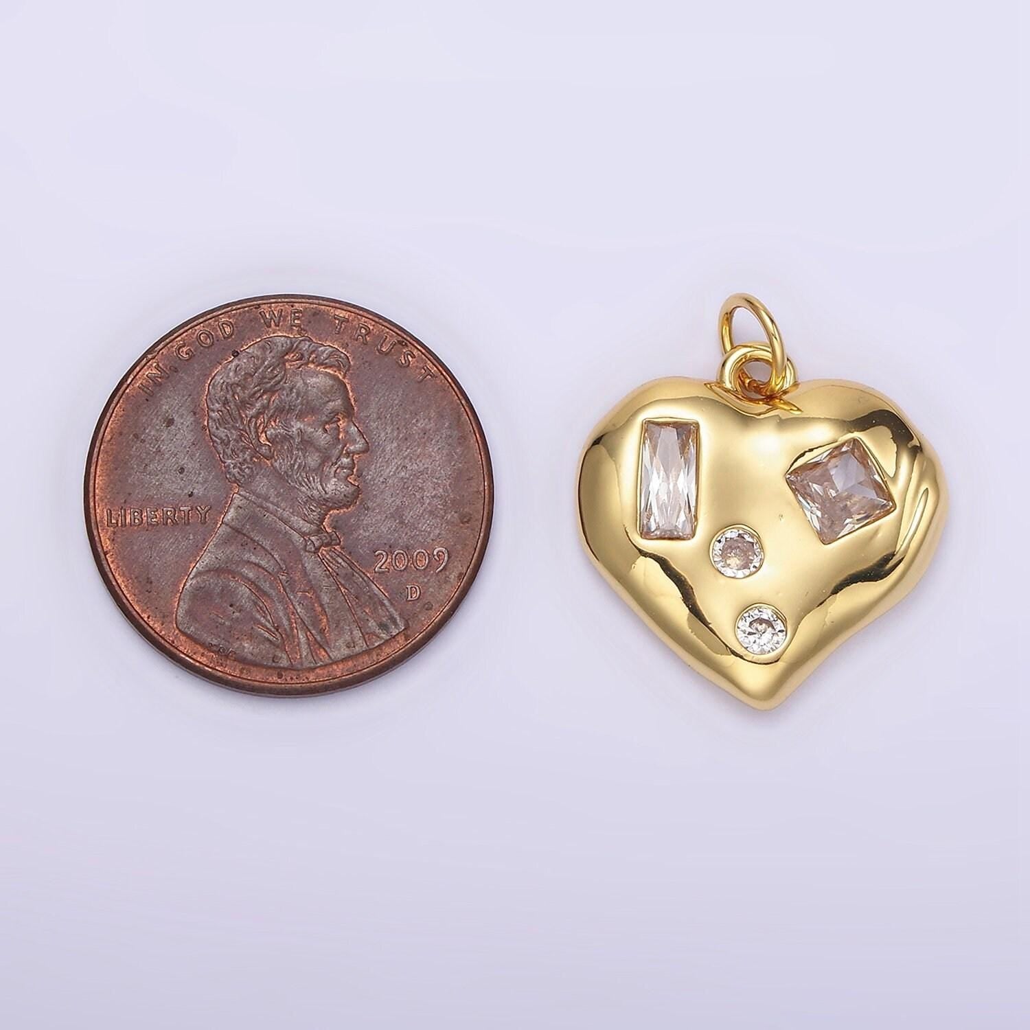 14k gold filled clear cz baguette dotted molten heart charm in gold & silver | n1163 n1164